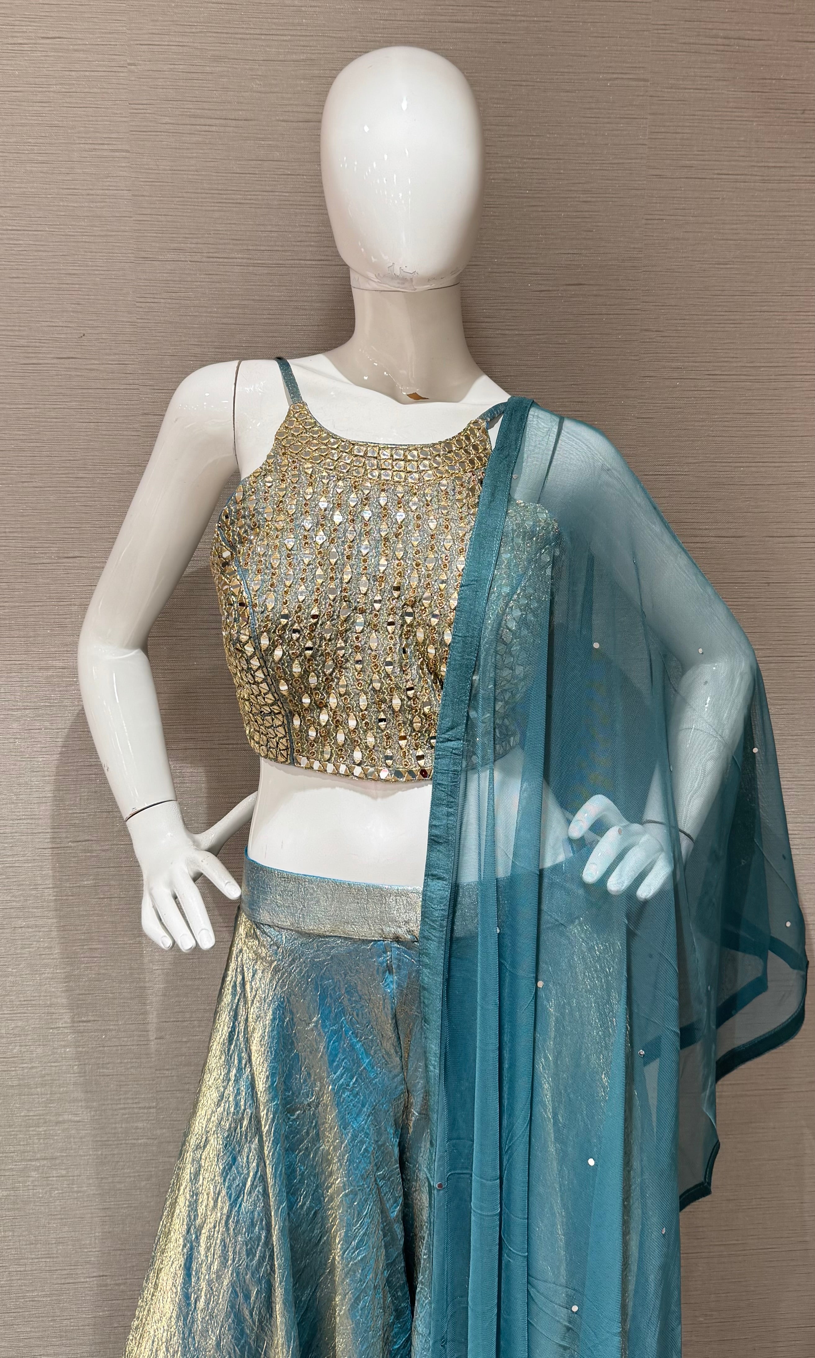 Blue Shimmer palazzo set with golden ethnic blouse