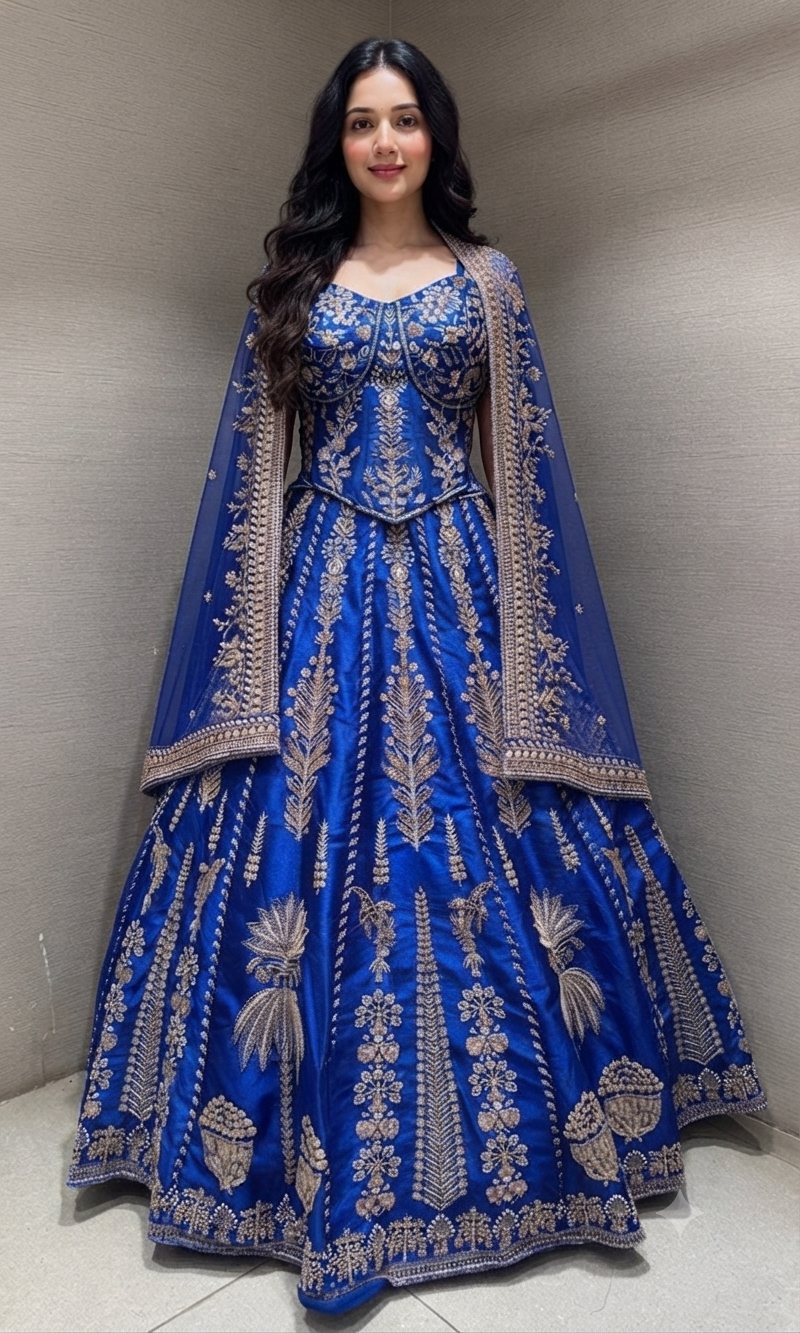 Royal blue embroidered peplum crop top lehenga set