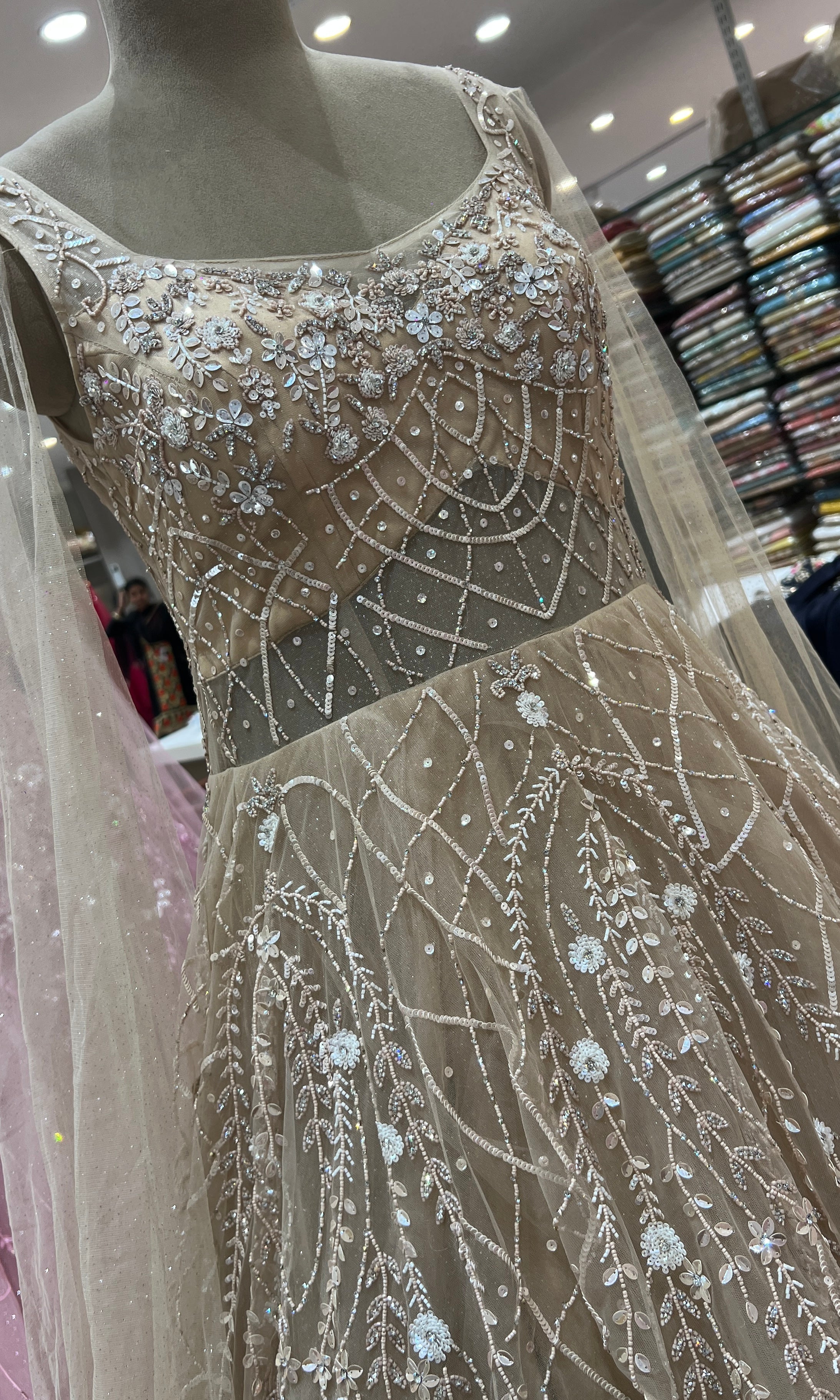 BEIGE CRYSTAL WORK NET GOWN