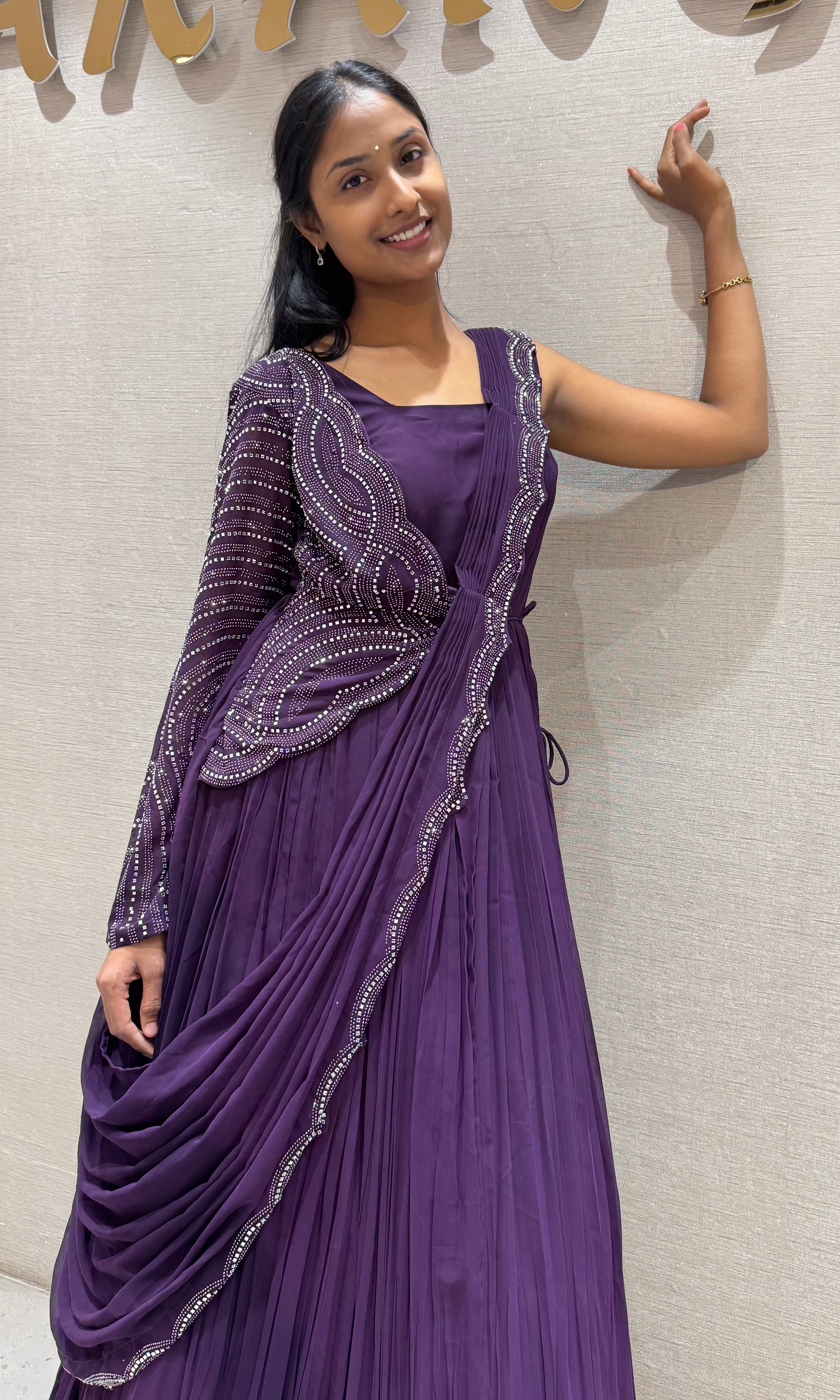 Wine Embellished Floor-Length Anarkali Gown