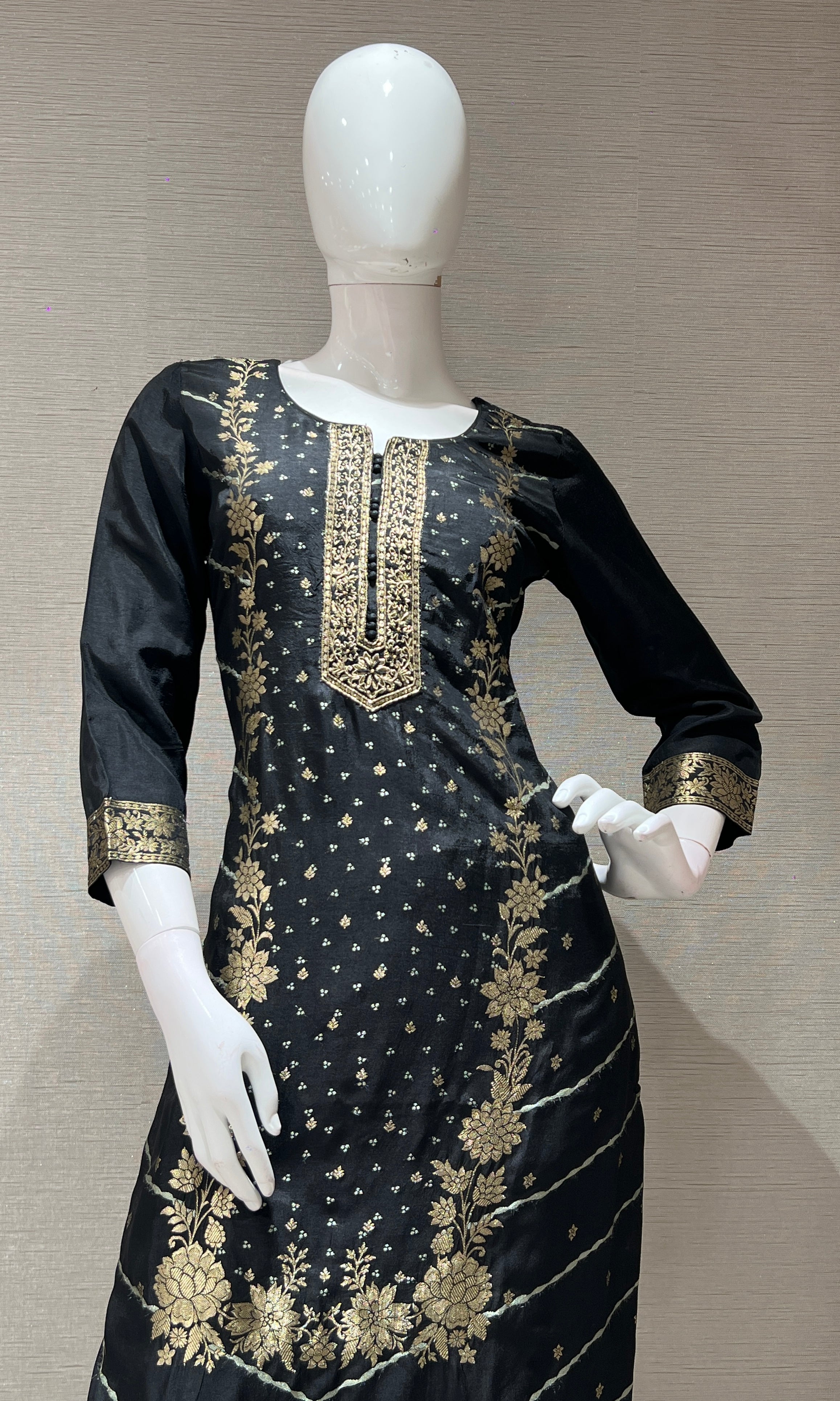 Black golden floral print kurta set