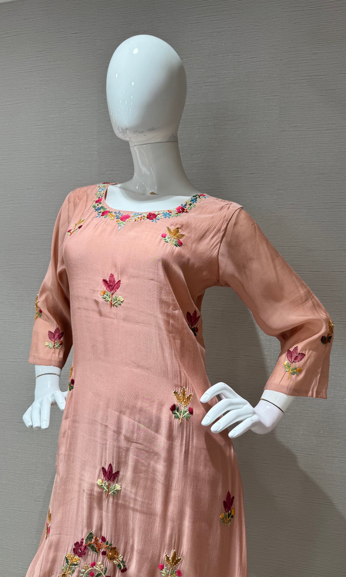 Peach Blossom Floral Embroidered Cotton Silk Kurta set