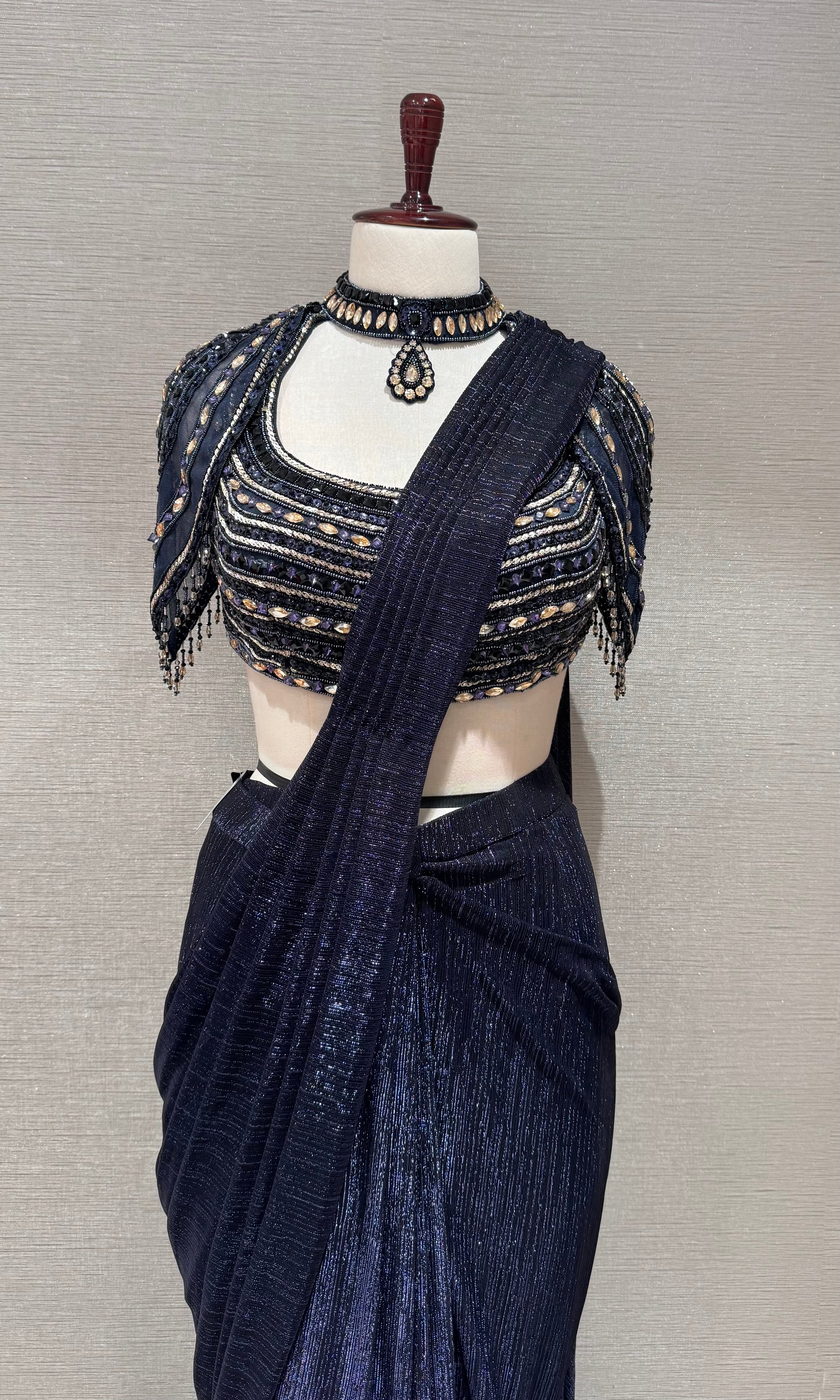 Blue Shimmer Saree and Silver Beaded Blouse Set