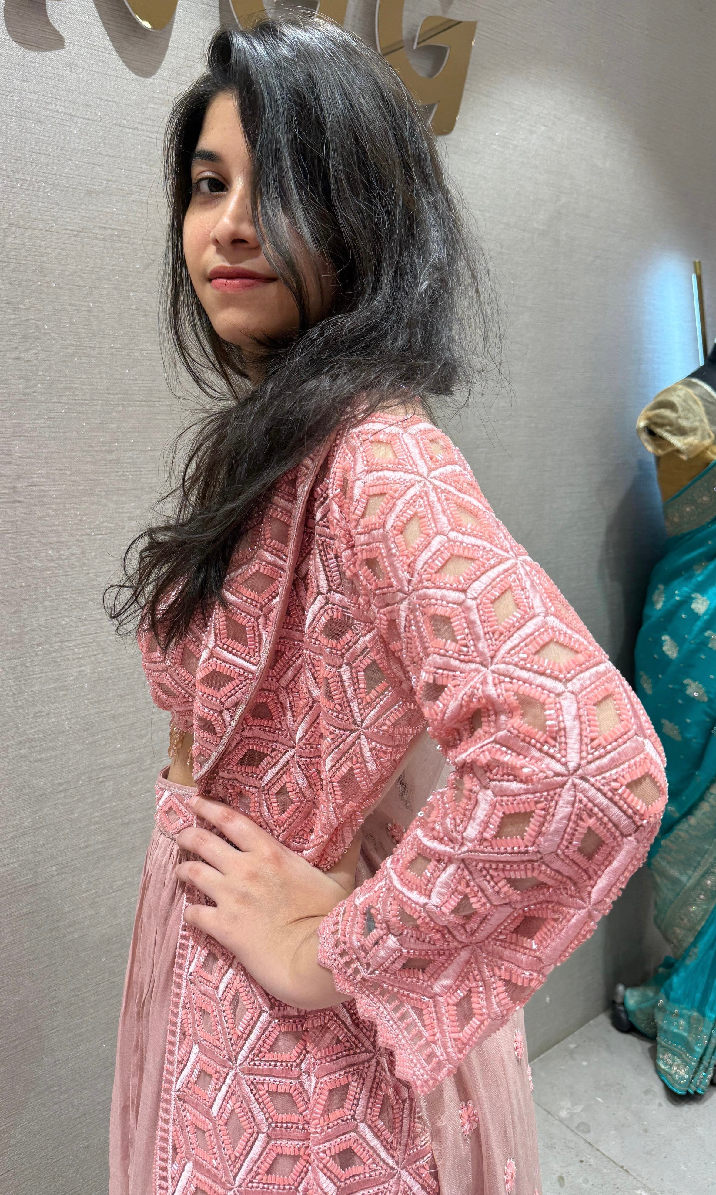 Blush Pink Garden lehenga with Long Jacket