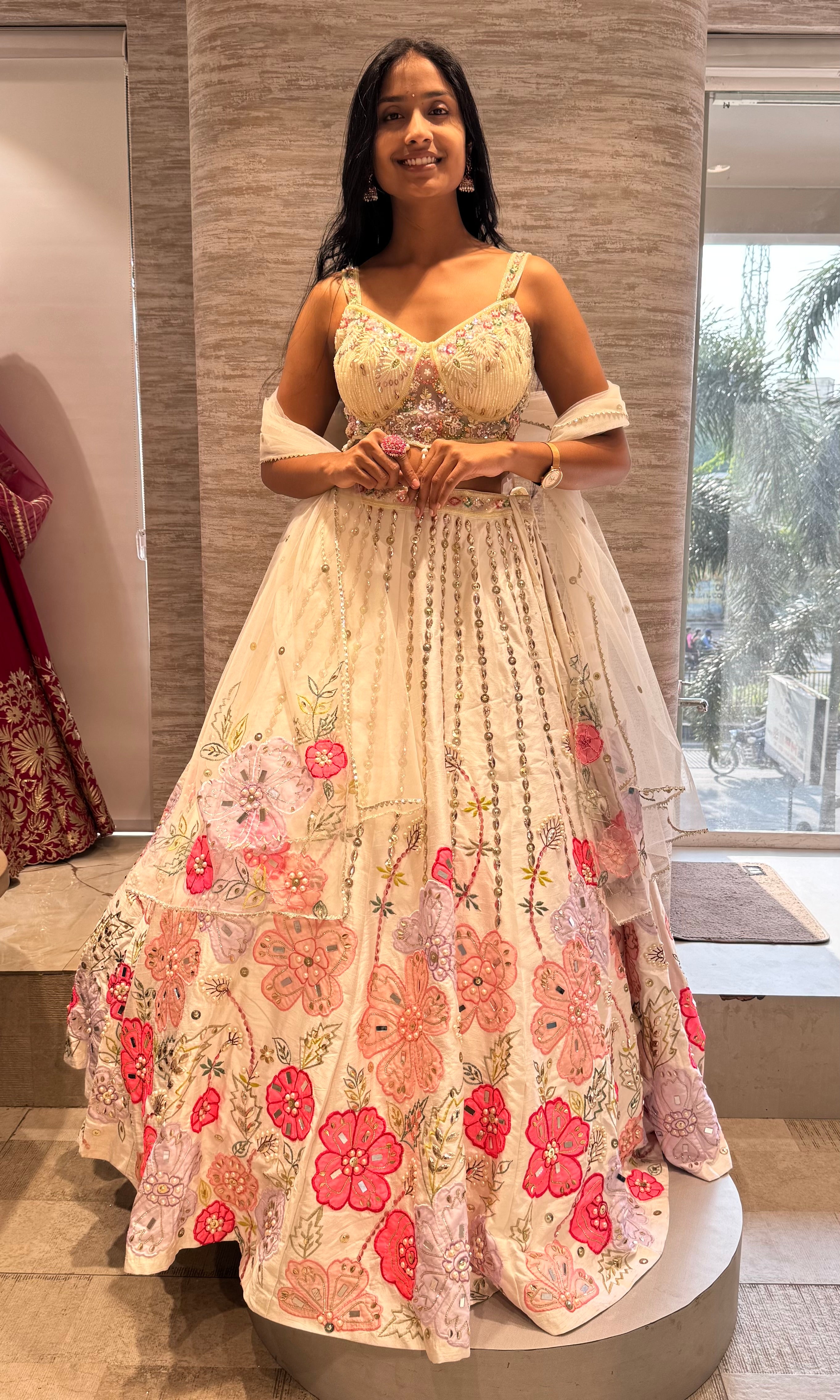 White and pink floral multicolored lehenga