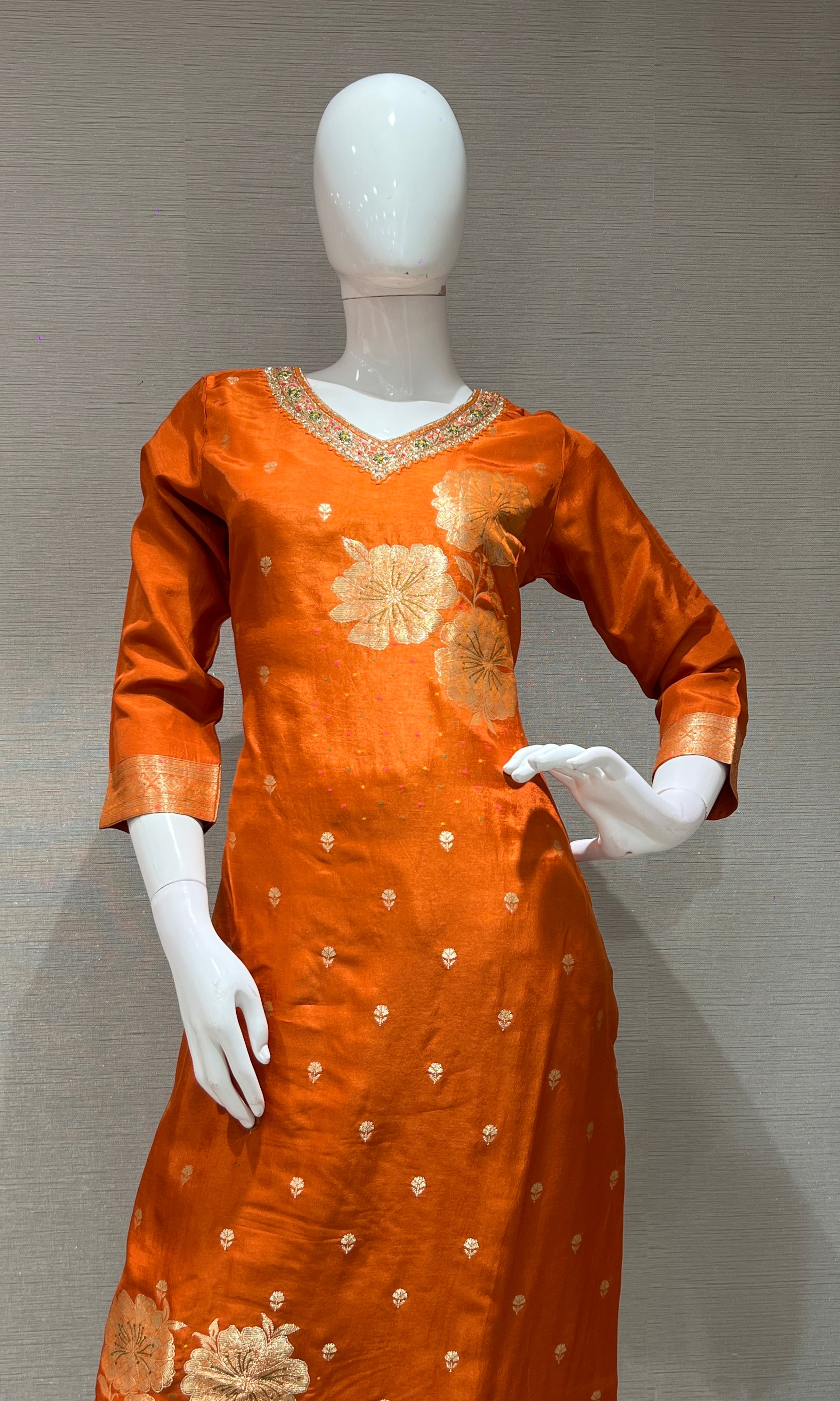 Orange golden floral Kurta Set