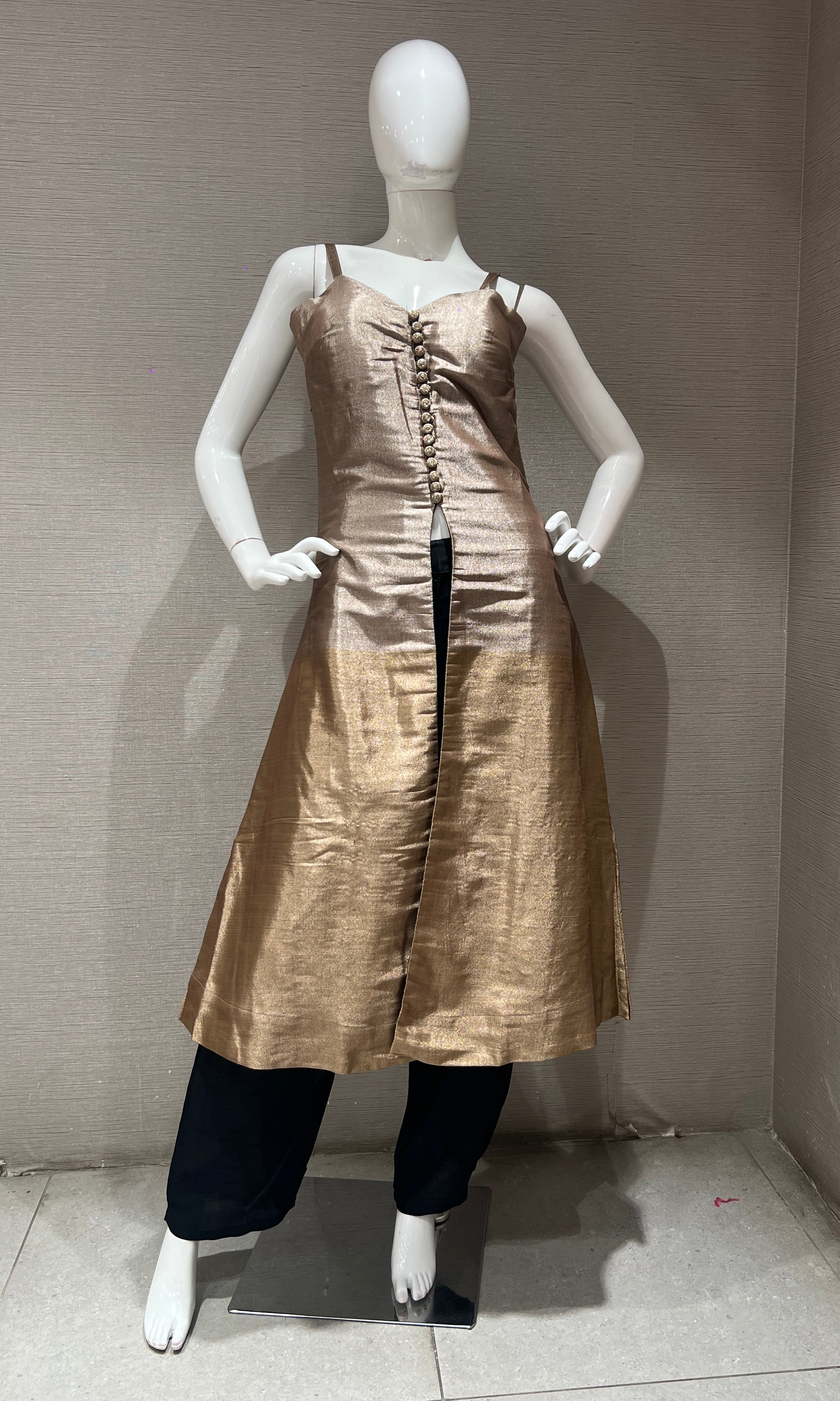 Brown Shimmer Anarkali Set with striped duppata