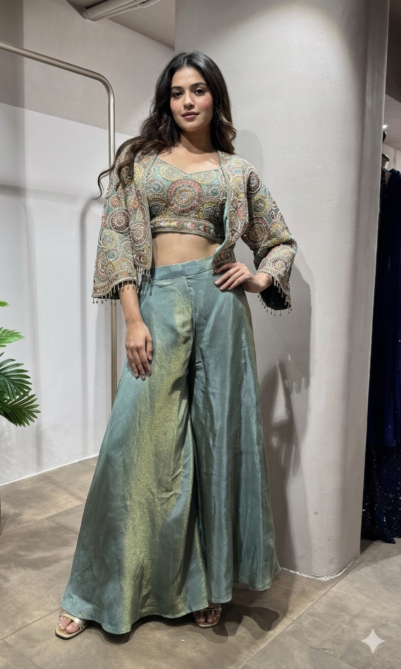 Sea blue Tissue Indo-Western Palazzo Set