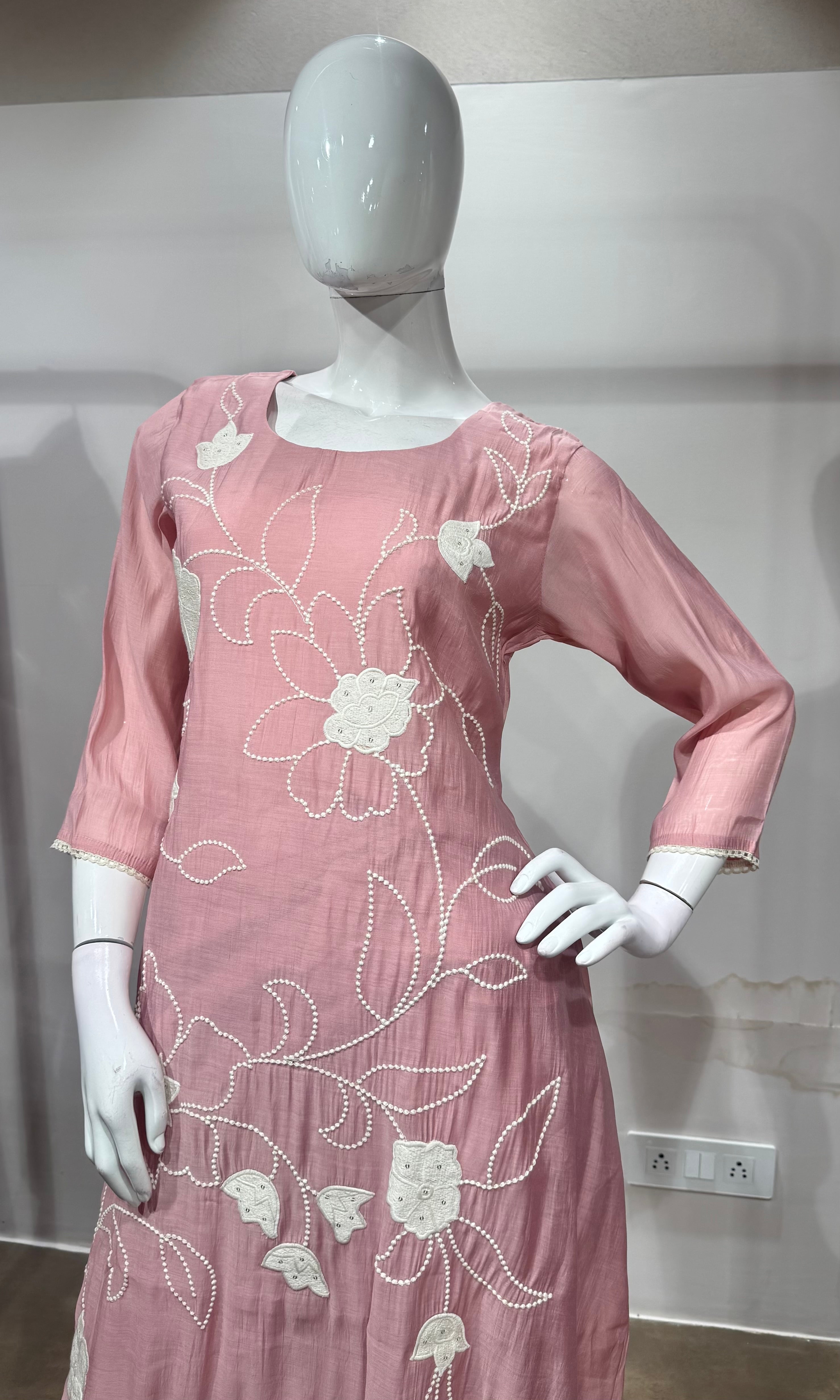 Baby Pink Silk Thread Embroidered kurta set