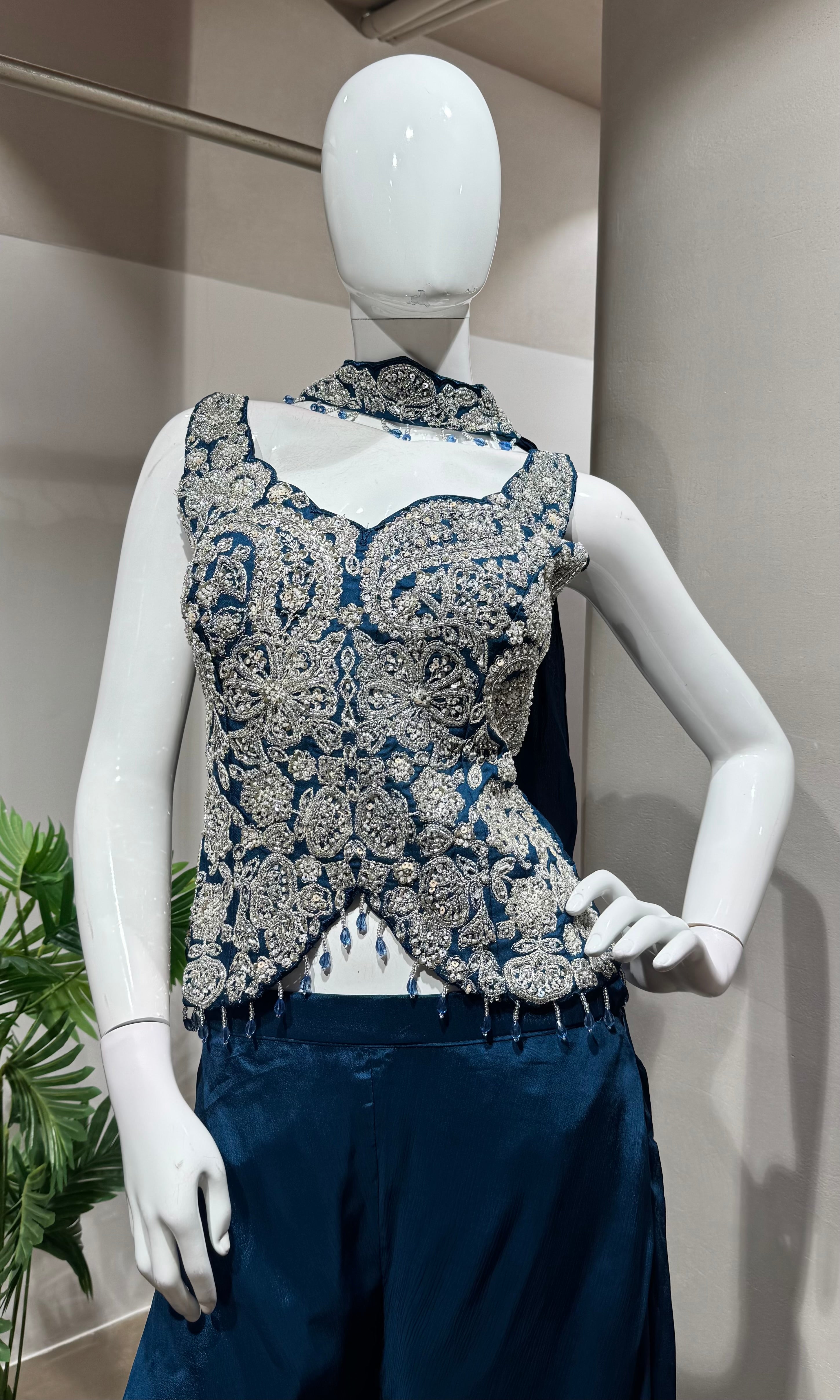 Blue Embellished Peplum Palazzo Set