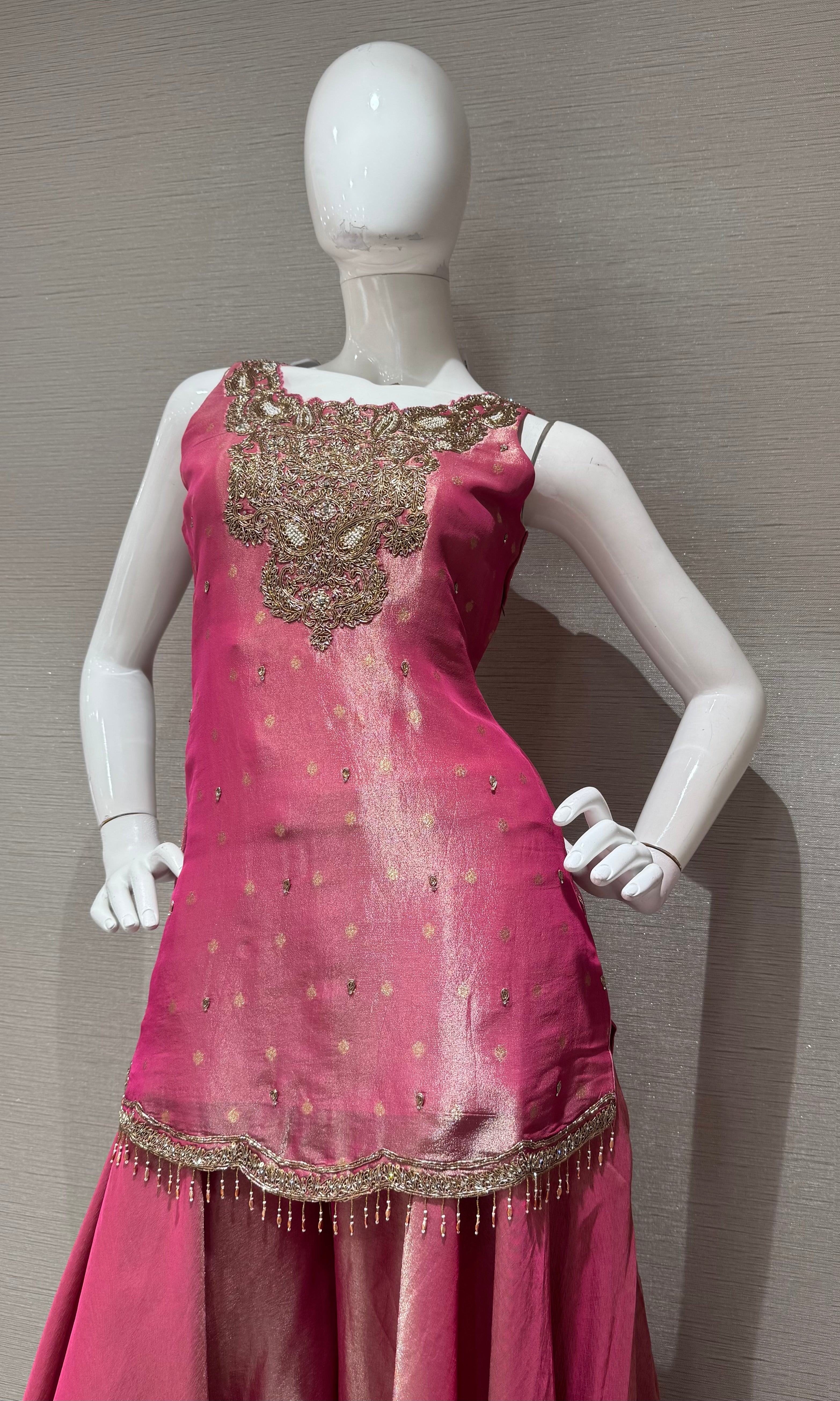 Rani Gold Tissue silk Embroidered Sharara Set