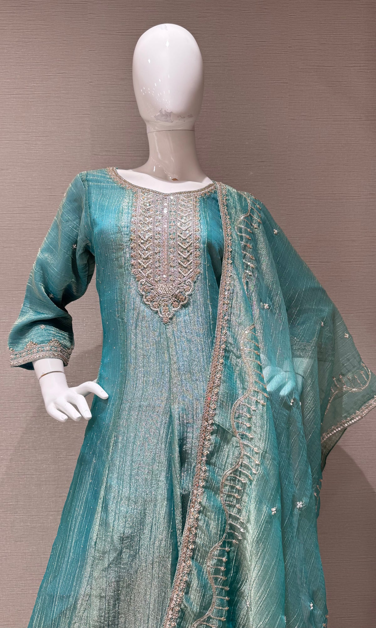 Sea Blue Shimmer Tissue Silk embroidered anarkali set with dupatta
