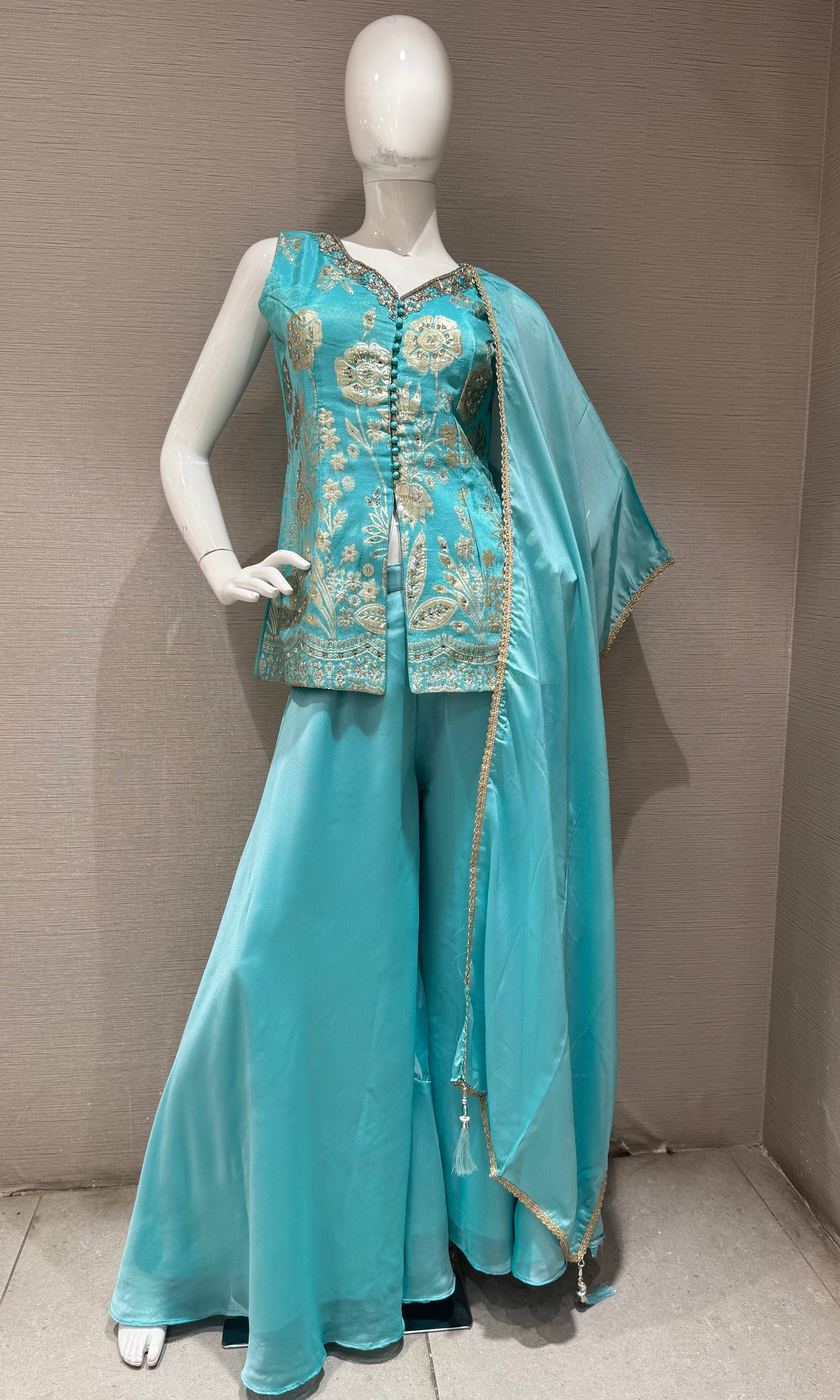 Sea Blue embroidered short peplum palazzo set