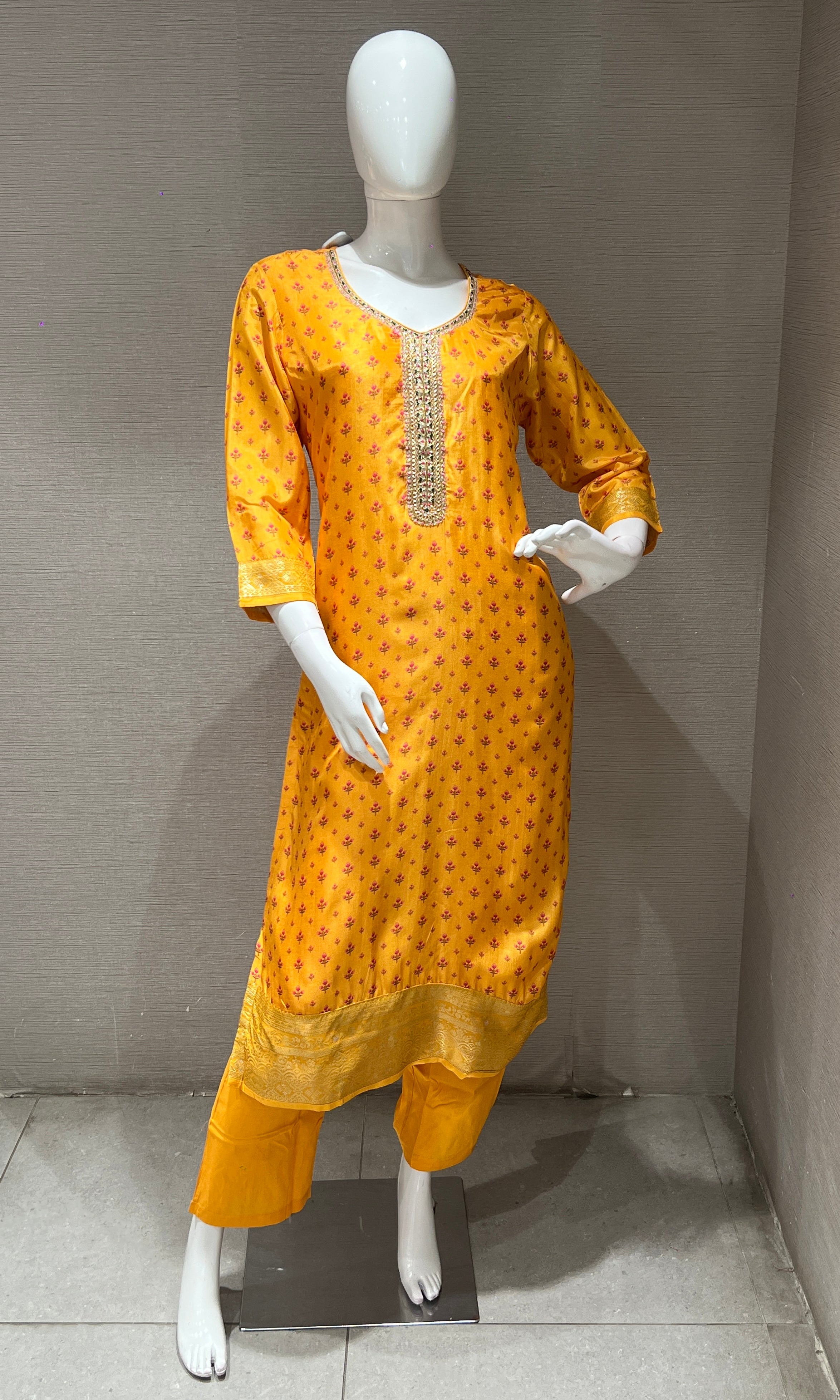 yellow embroidered printed kurta set