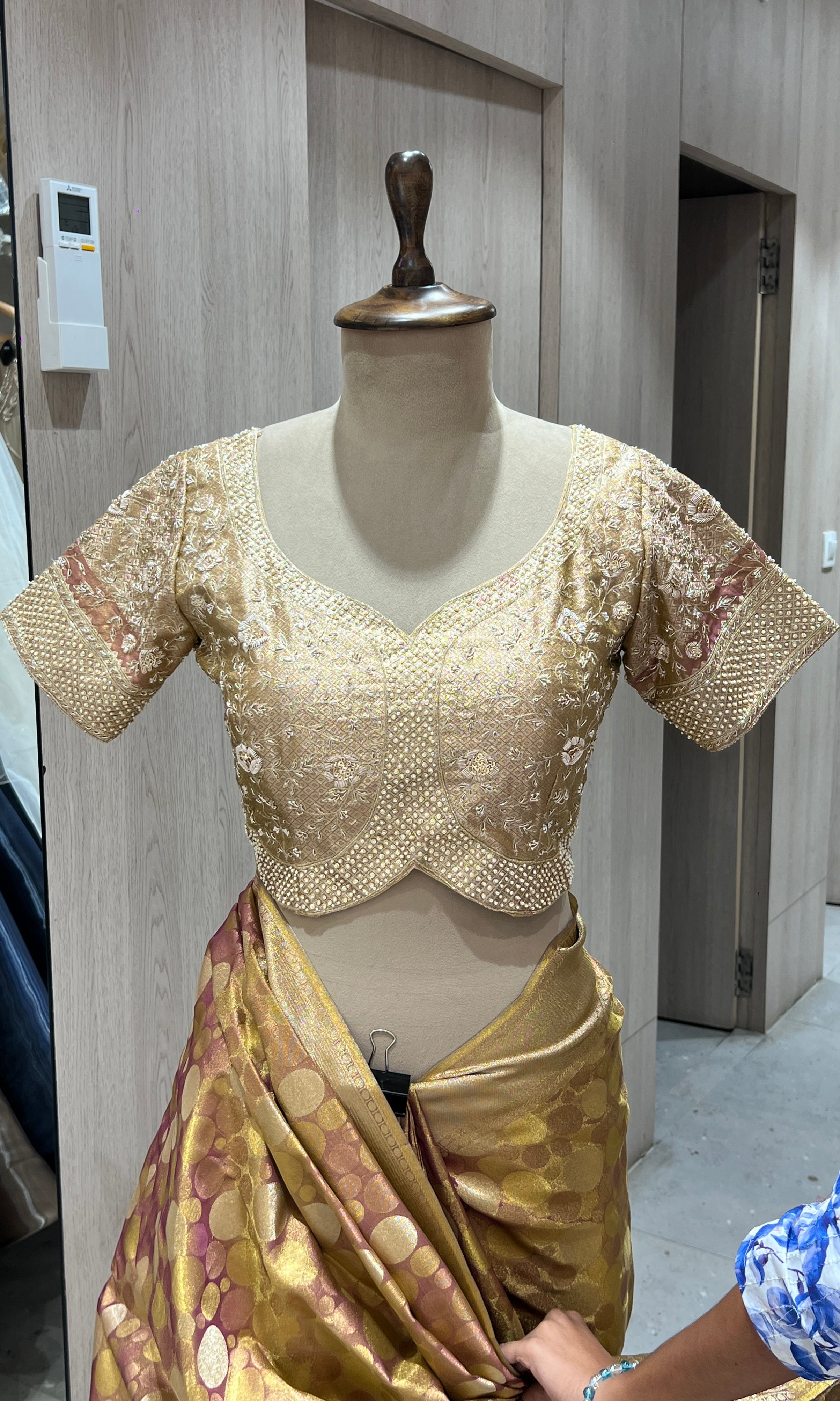 Gold saree with ready blouse