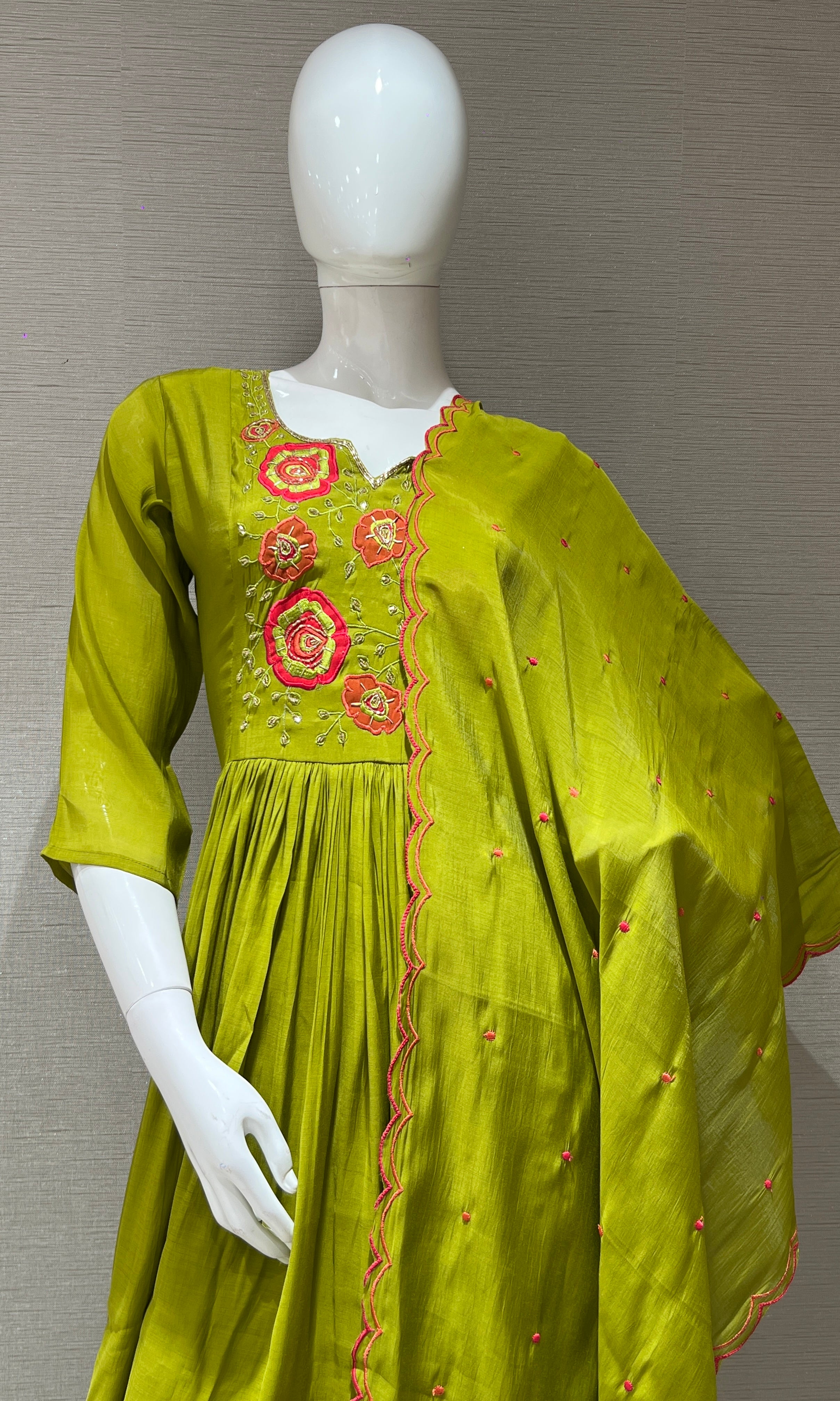 Green Floral Mul Chanderi kurta set