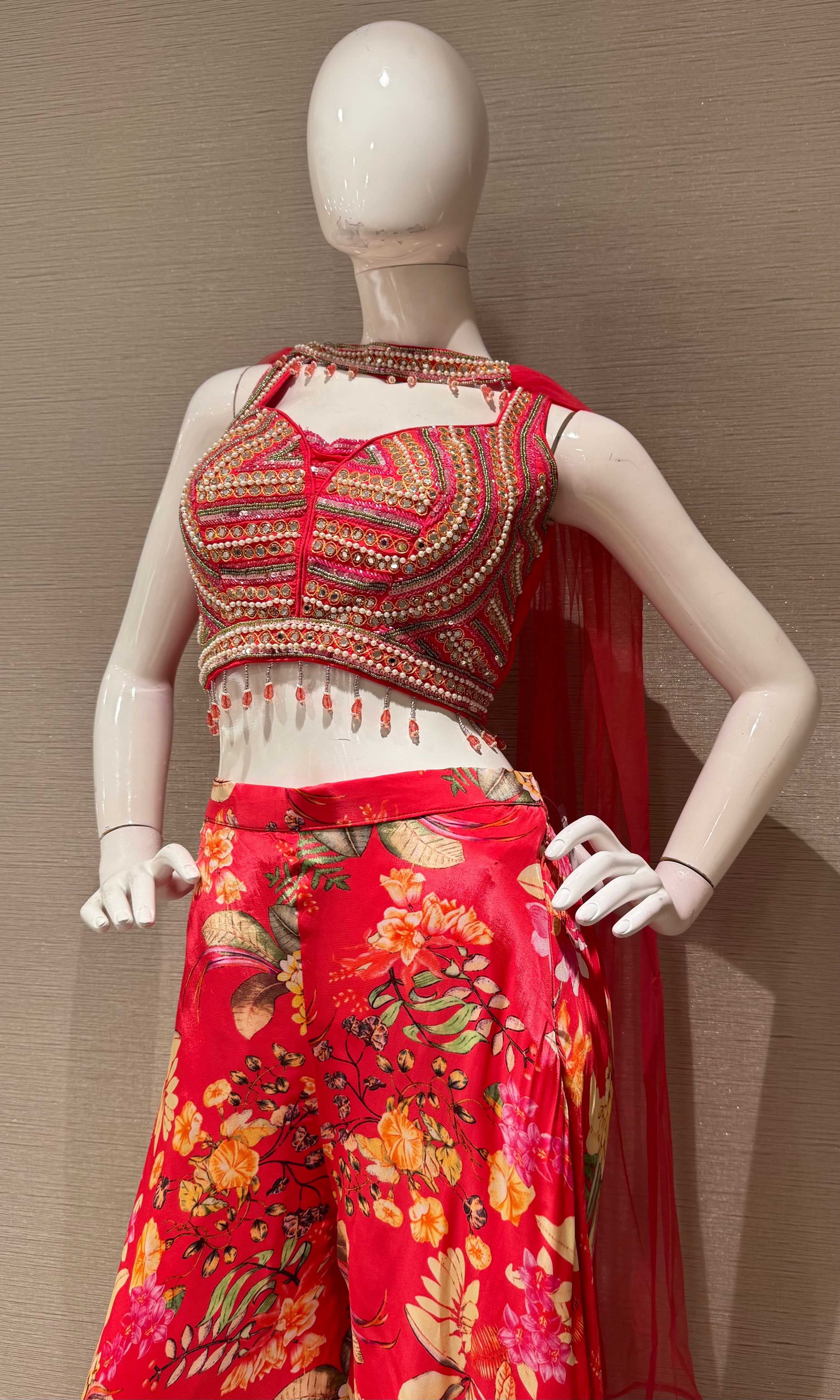 Pink Embroidered crop top palazzo set