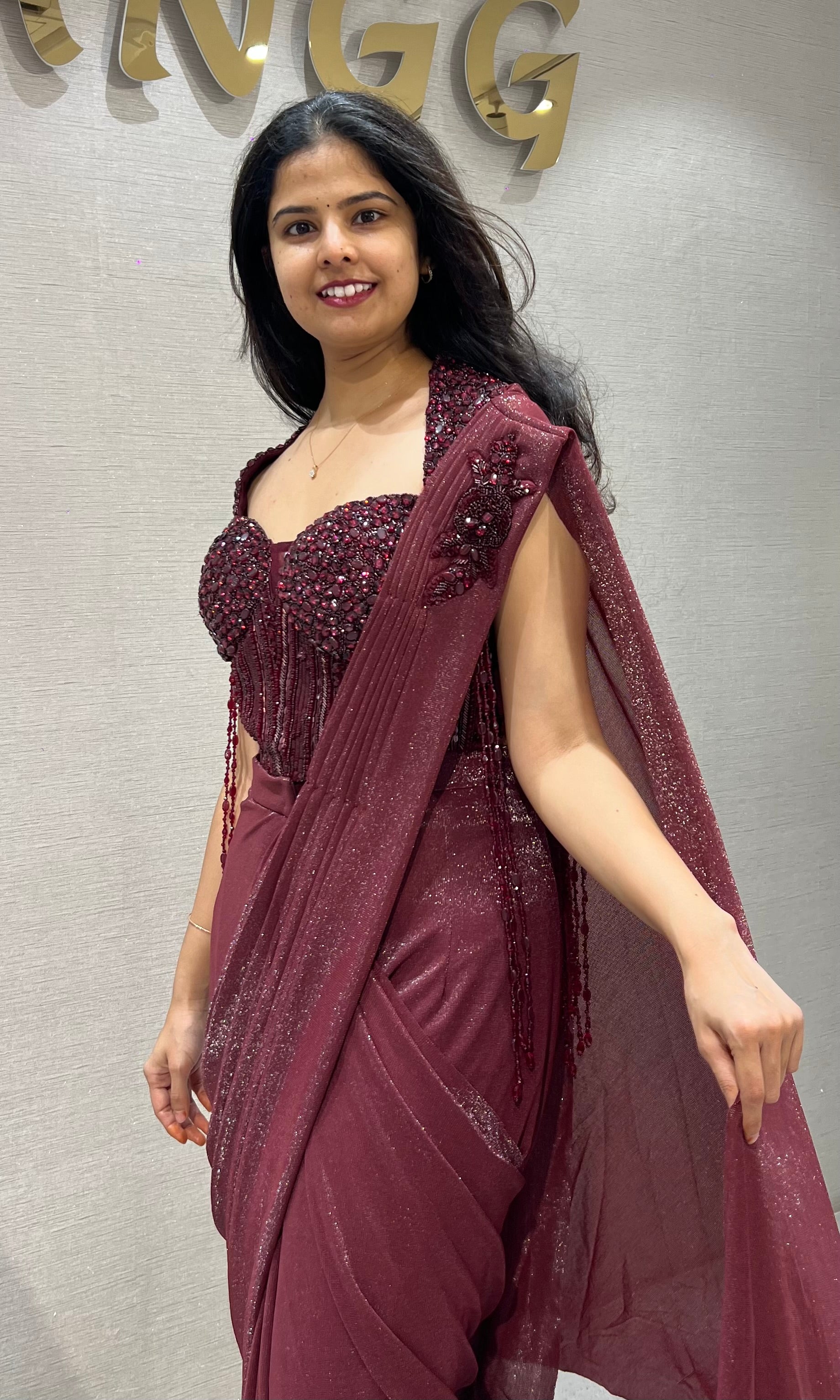 Wine Drape Saree with Embellished Blouse