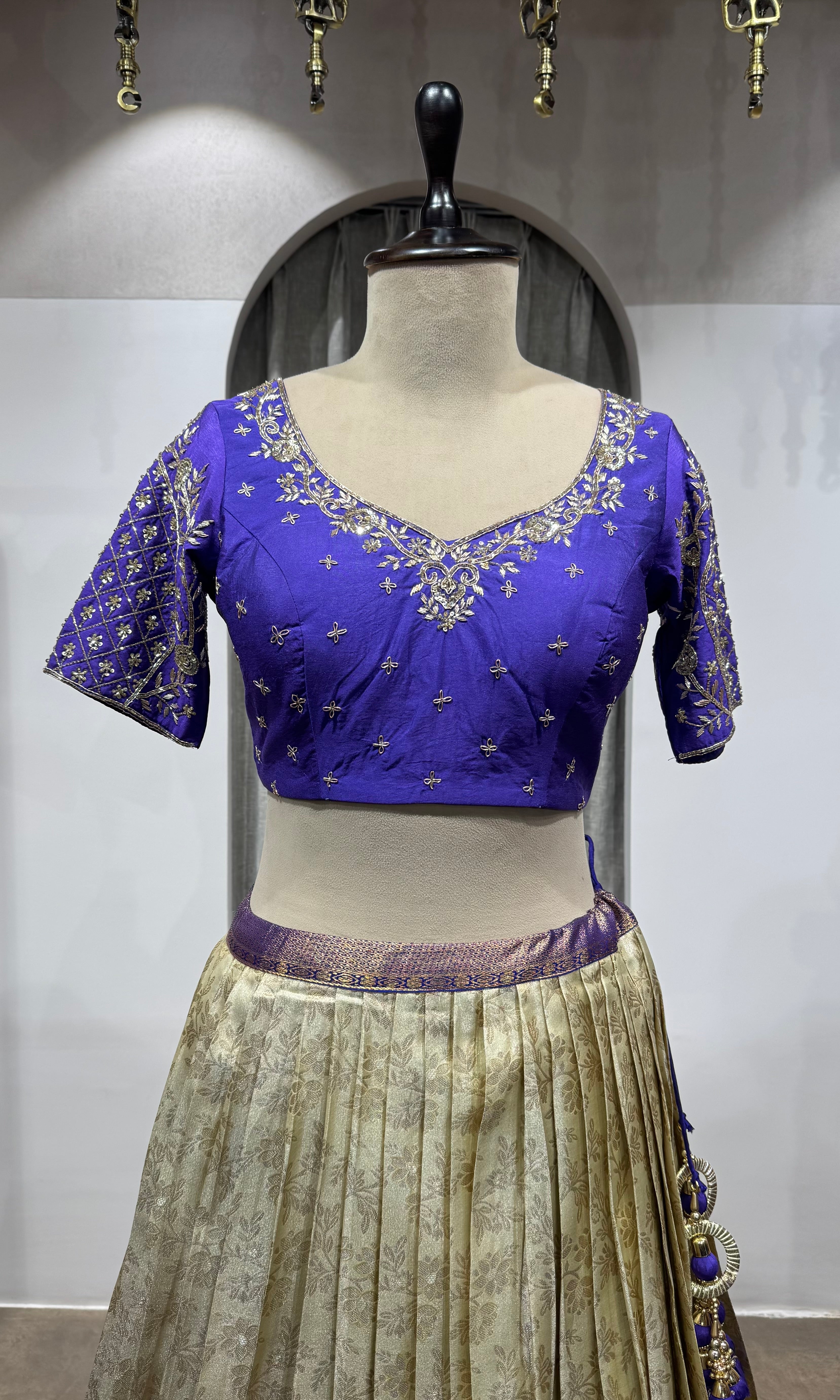 purple and cream kanjivaram Pattu lehenga