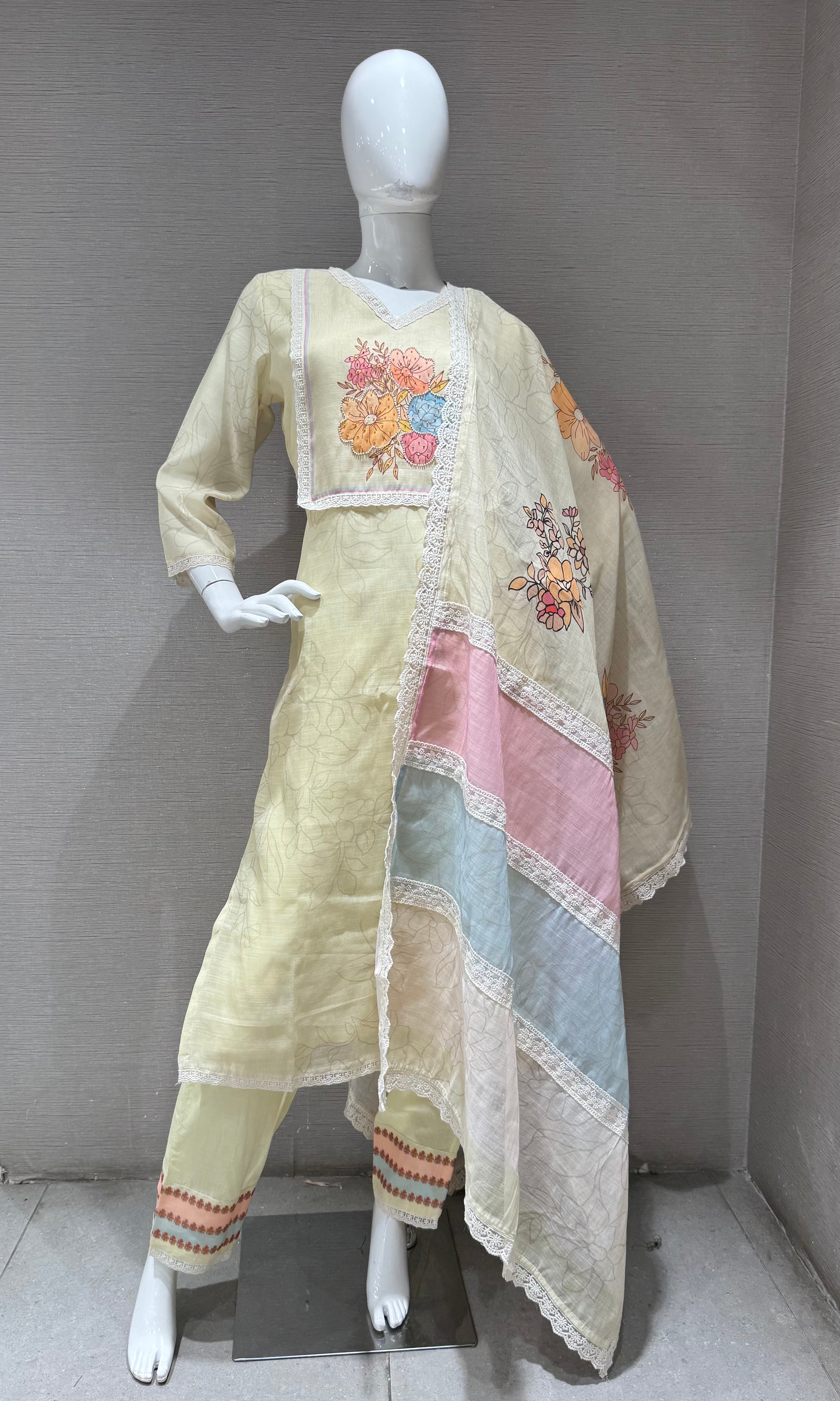 Light Yellow Straight Kurta Set with Multicolor Pastel dupatta