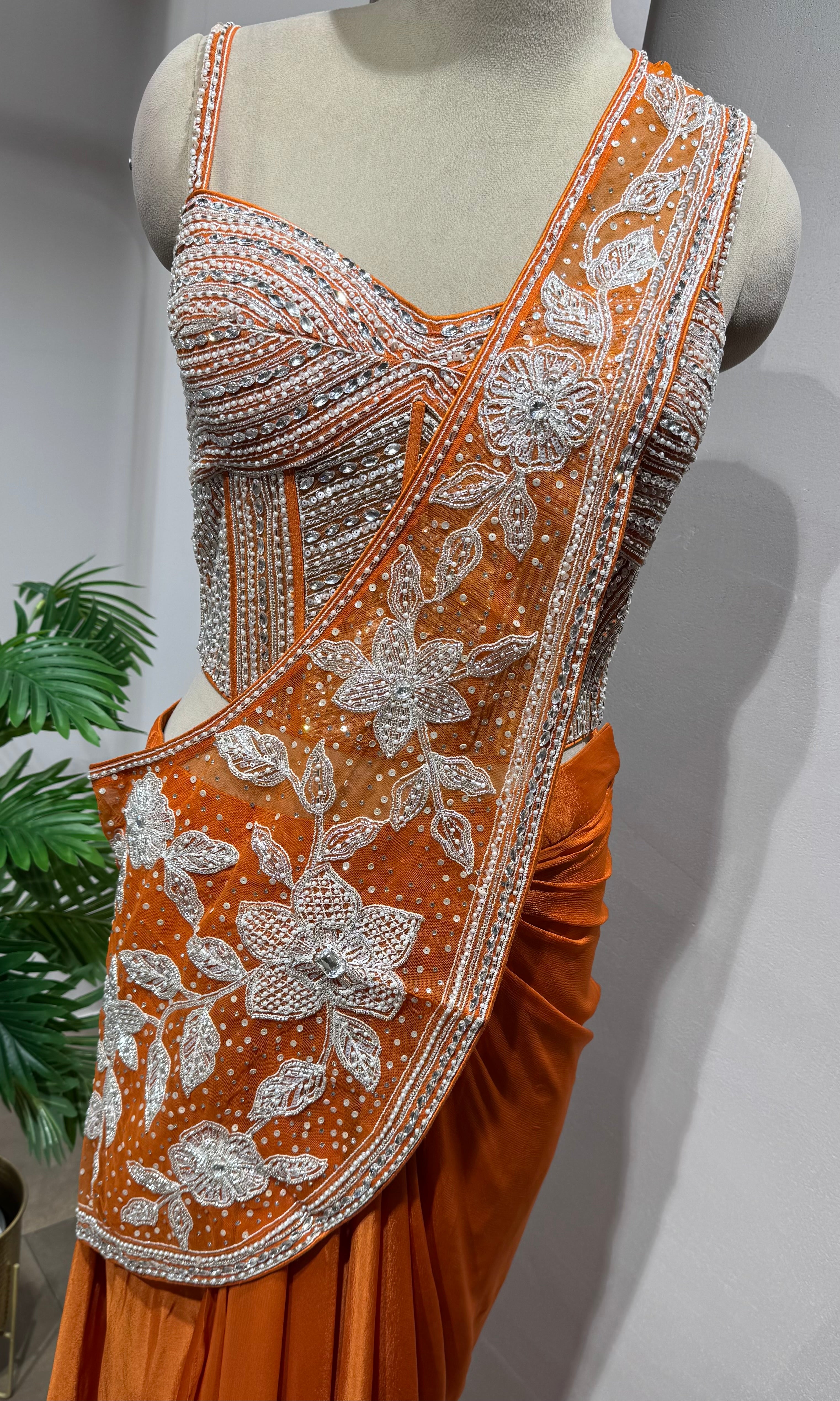 Orange drape Saree with Crystal Floral Embroidery blouse