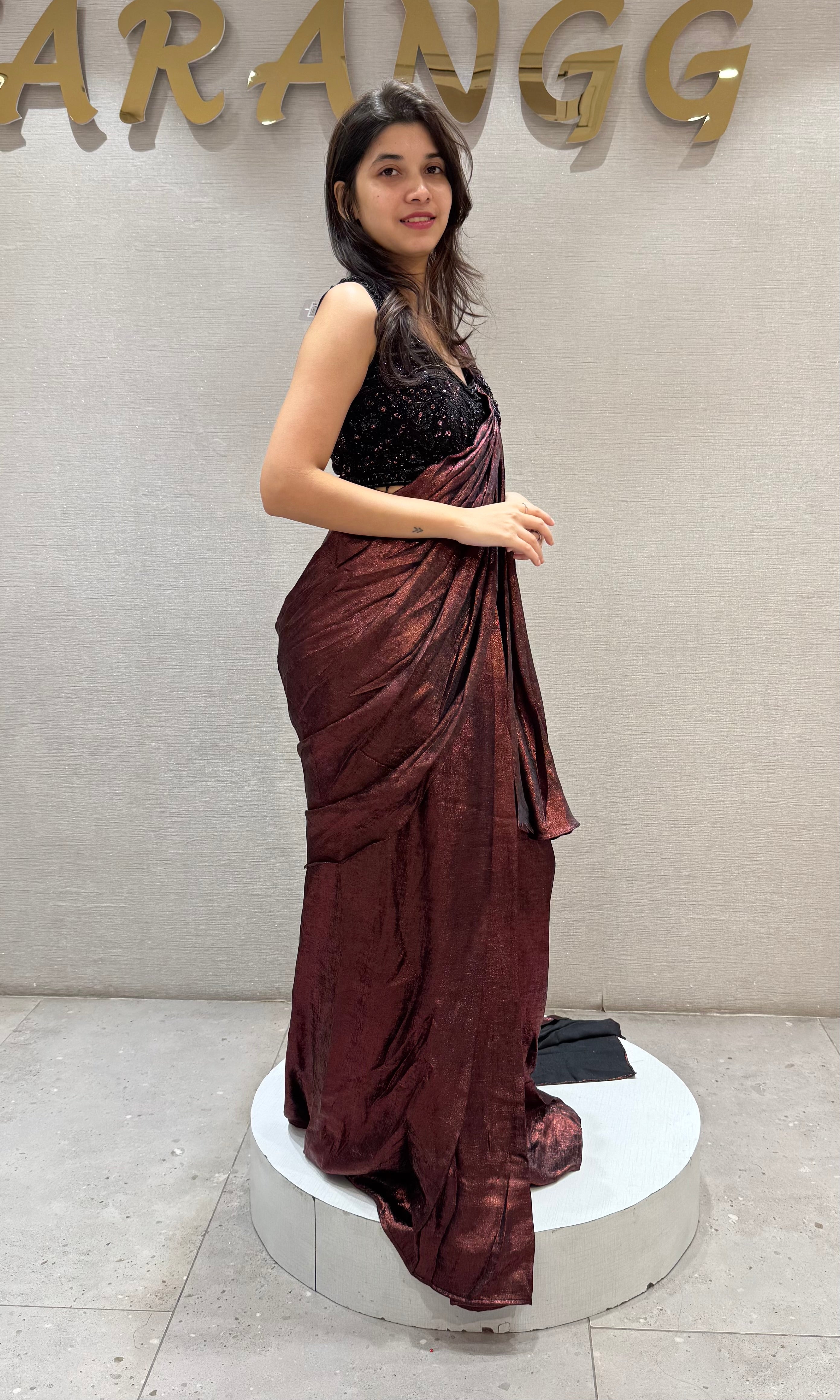 Maroon Crystal Embellished Draped Saree