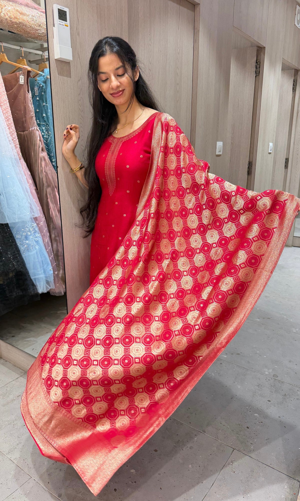 Red Banarasi silk Kurta Set with Patterned Dupatta