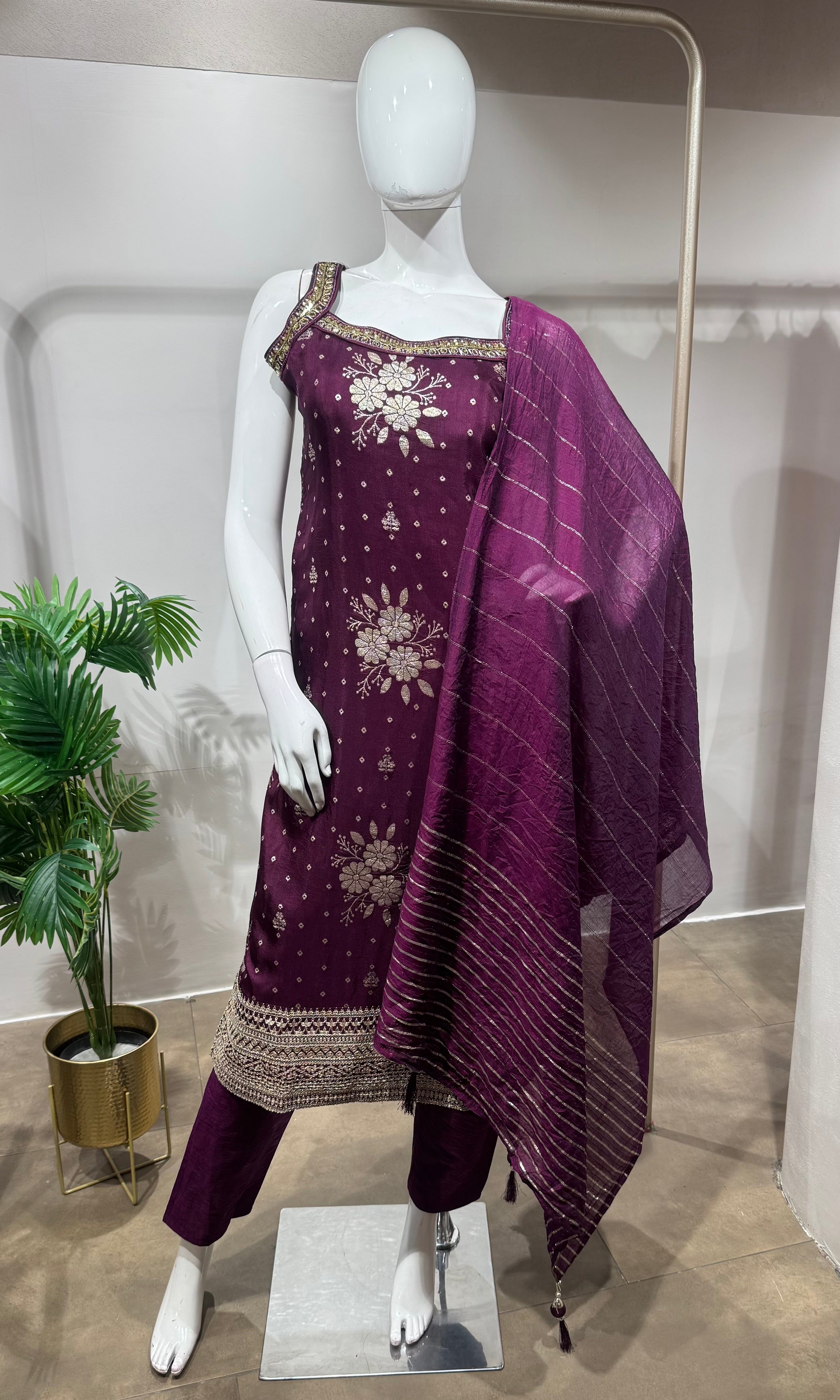Plum wine Embroidered Silk kurta set