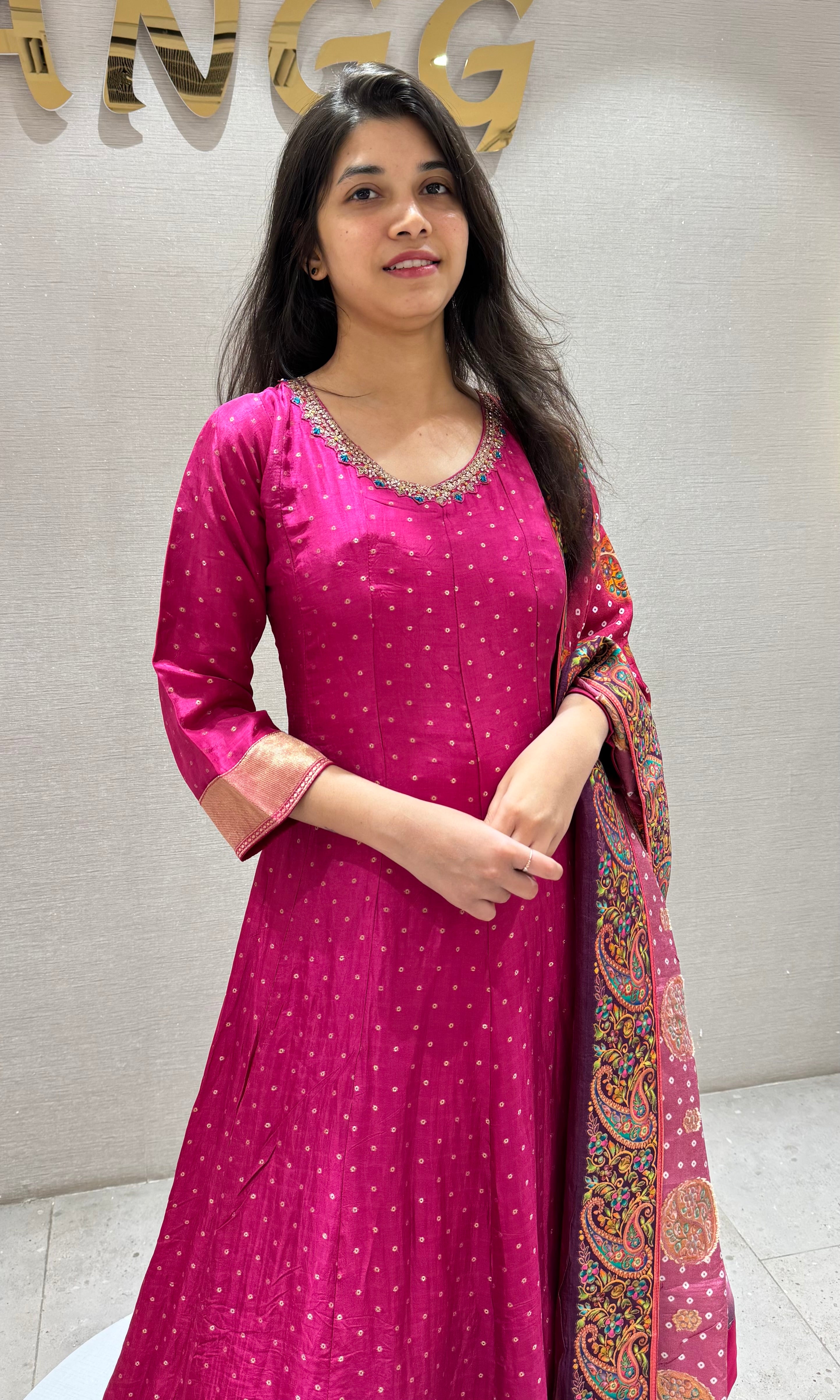 Pink ANARKALI SET WITH PRINTED DUPATTA