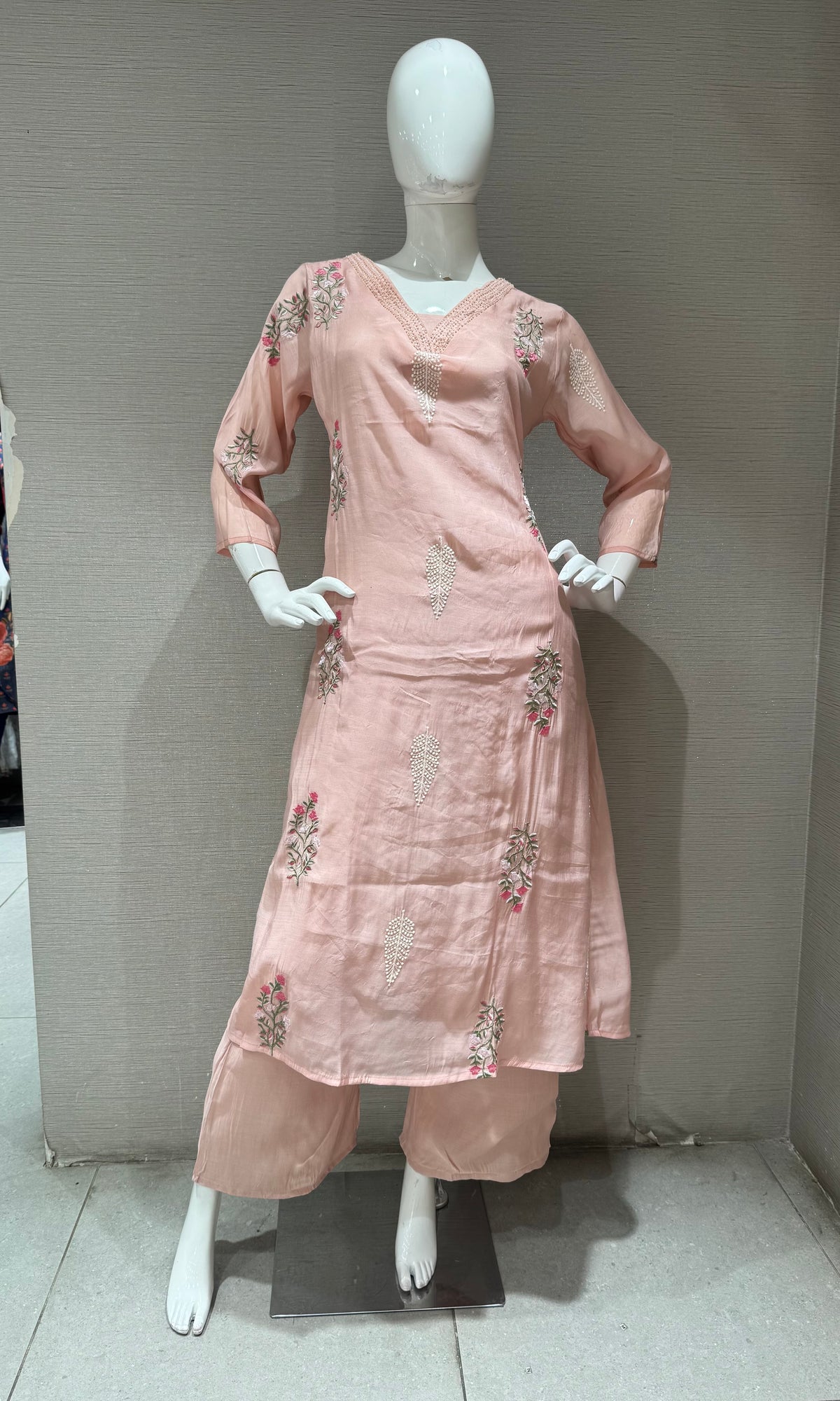 Peach Chanderi Silk Floral Embroidered Kurta Set with Dupatta