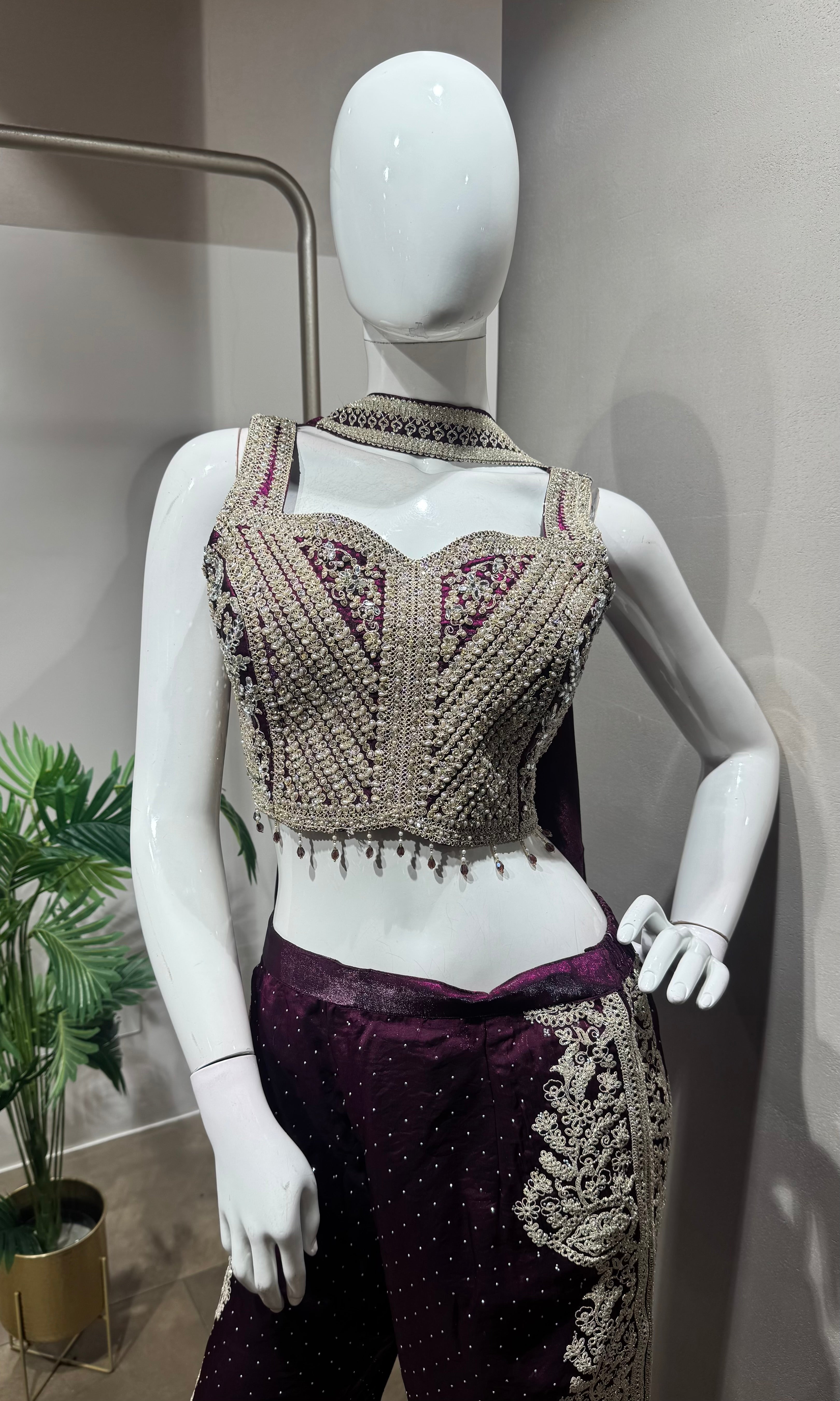 WINE embroidered crop top palazzo set