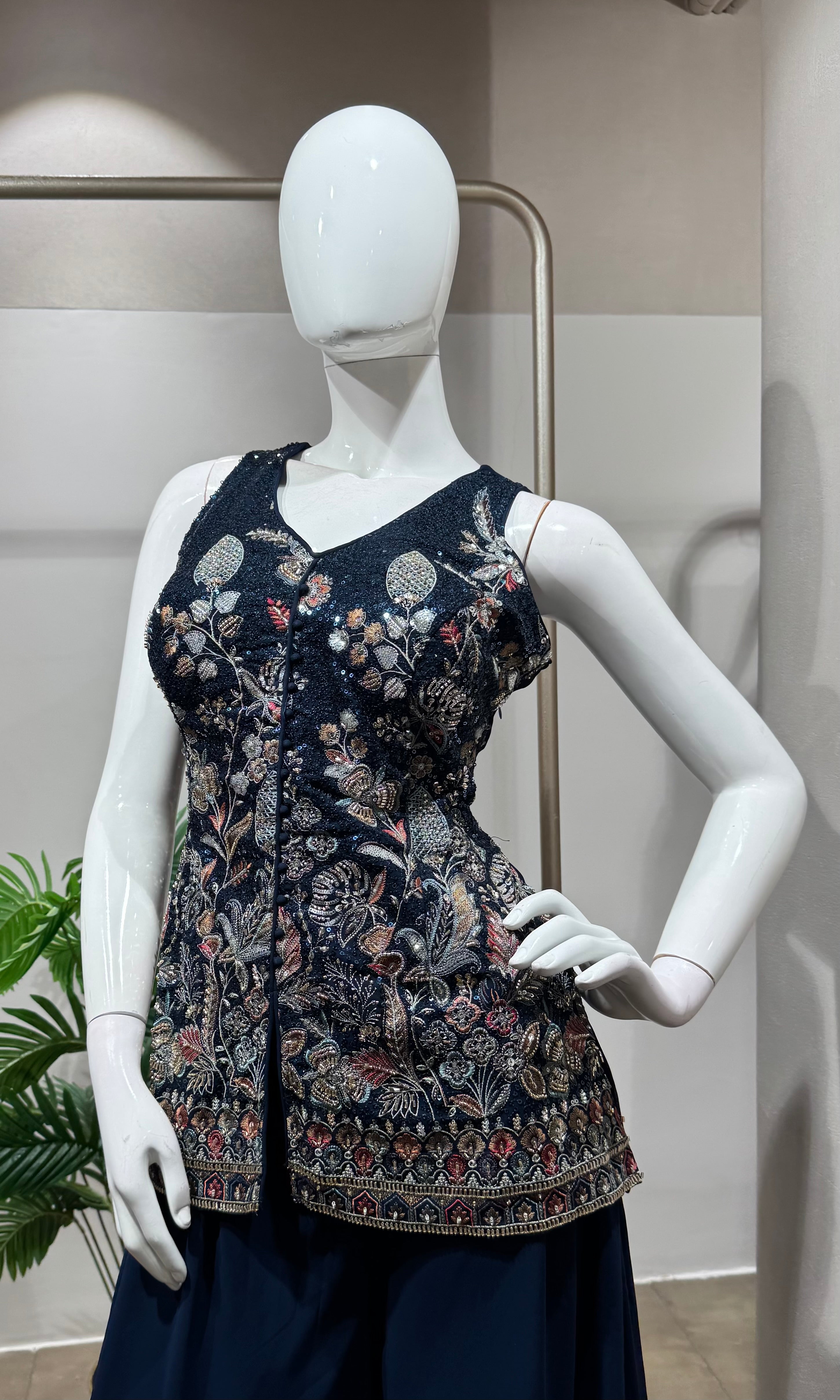 Navy blue georgette sequin palazzo suit