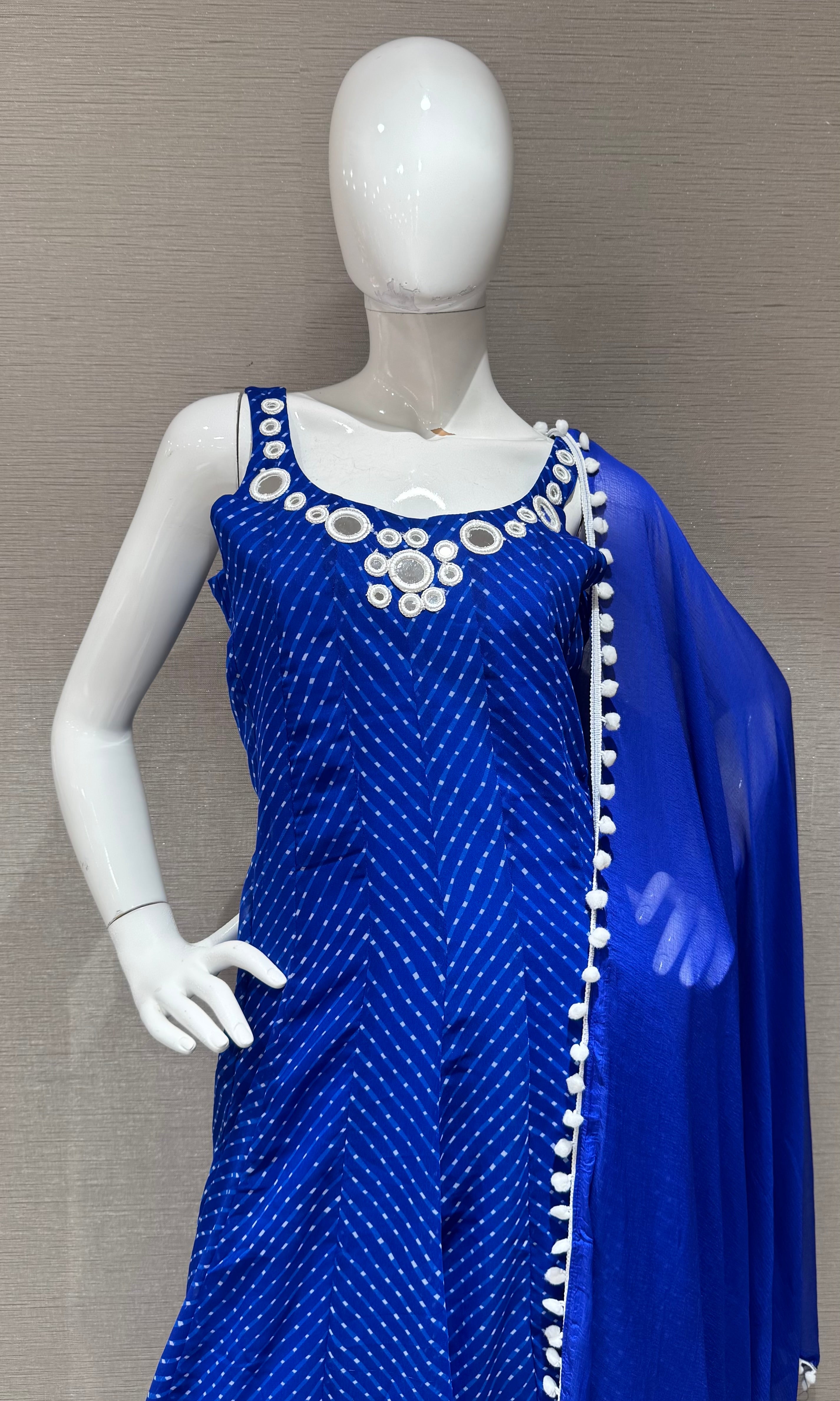 Blue bandhani print and intricate mirror anarkali set