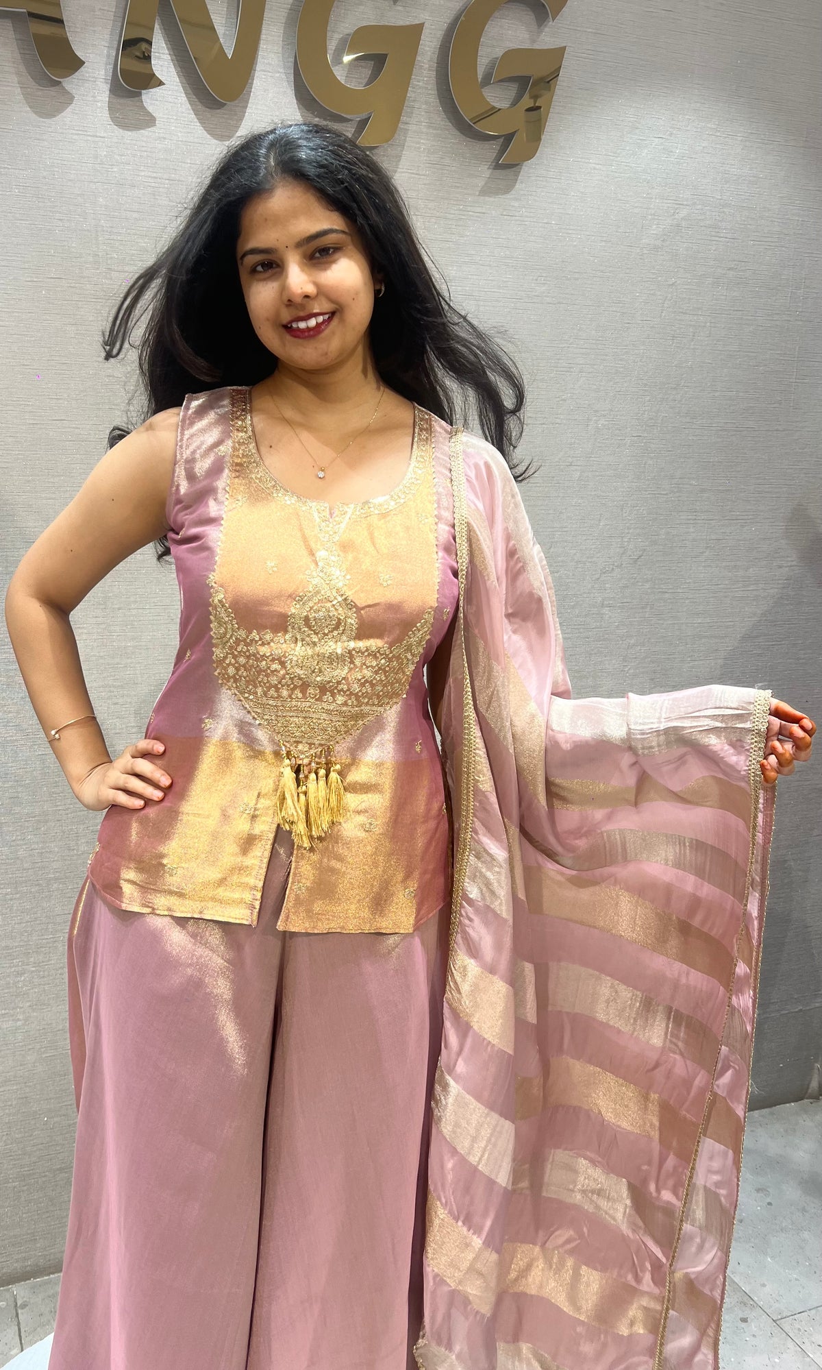 Lavender & Golden Top Satin Palazzo set with Dupatta