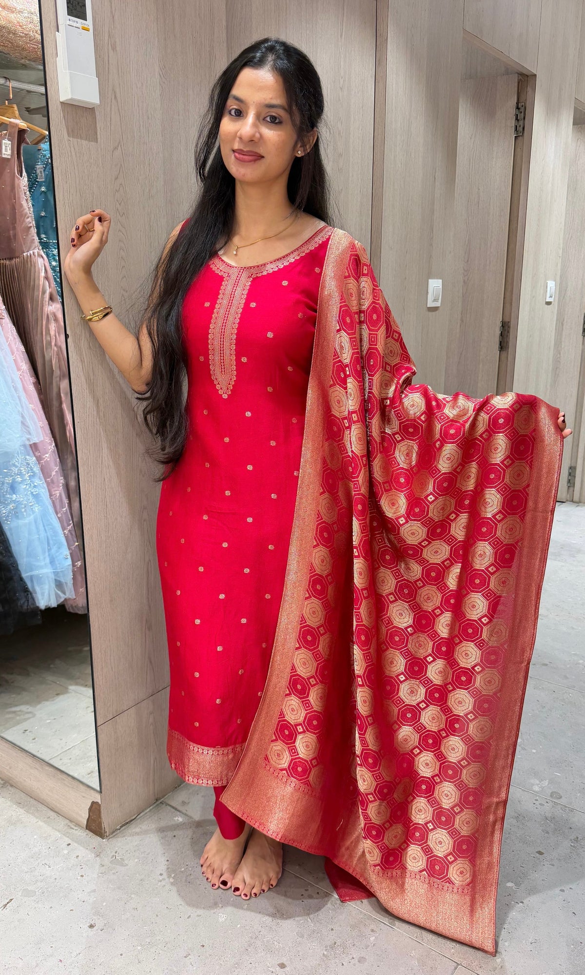 Red Banarasi silk Kurta Set with Patterned Dupatta