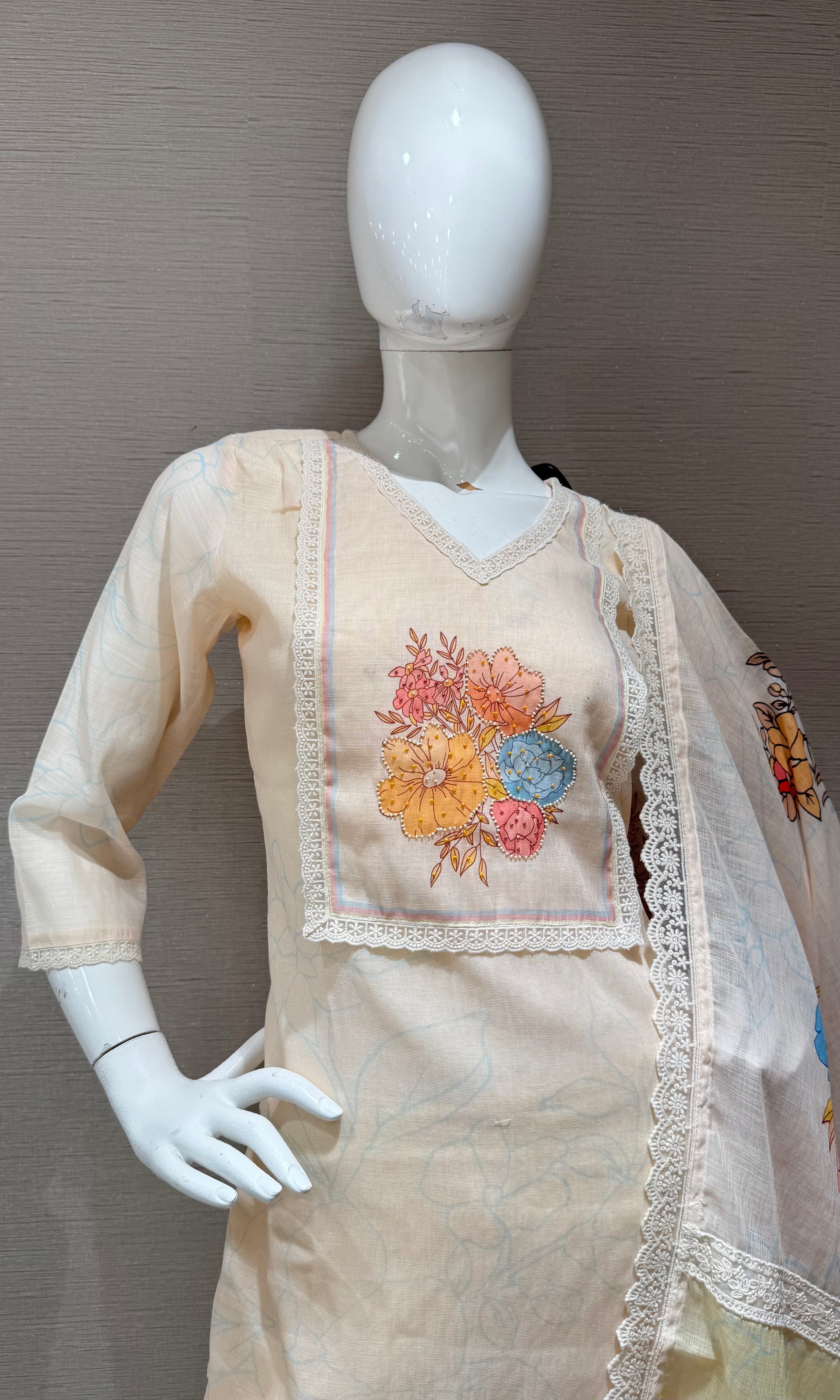 Peach Straight Kurta Set with Multicolor Pastel Panel dupatta