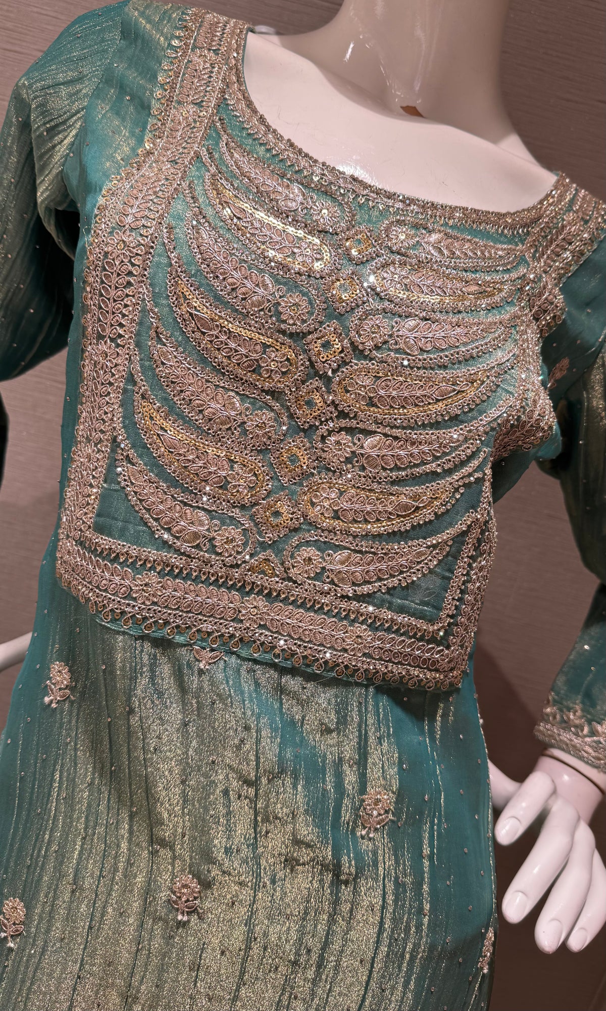Green Shimmer Kurta Set with Gold Embroidery and Dupatta