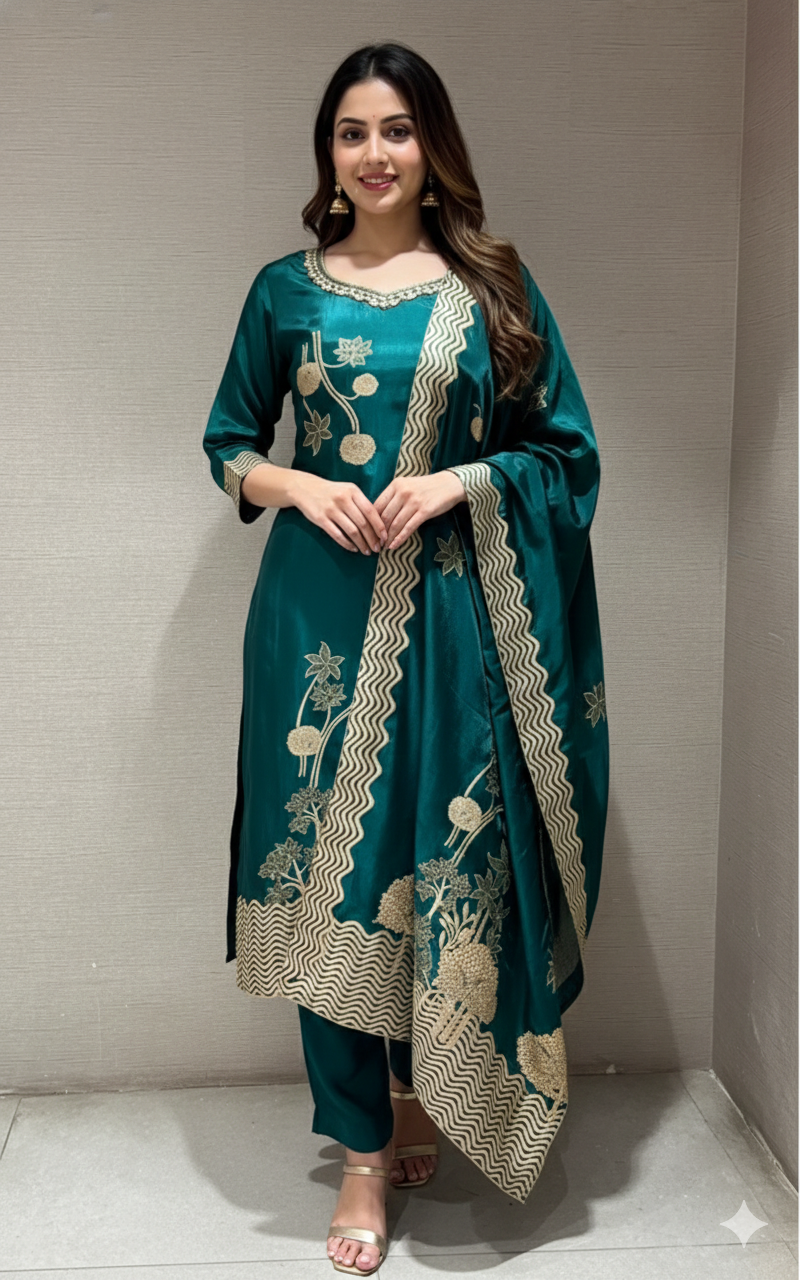 GREEN Golden Embroidered KURTA SET