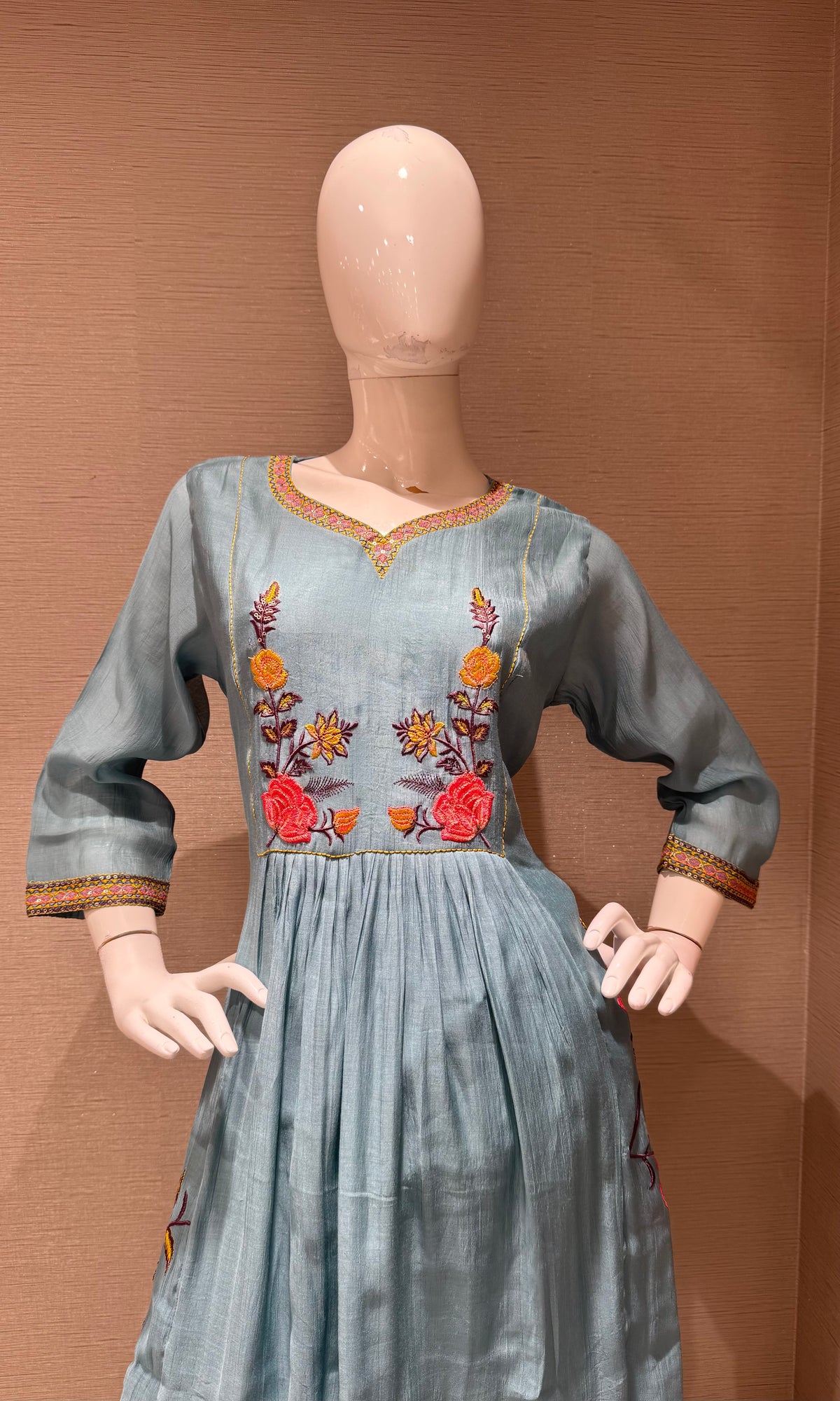 Blue Floral mul chanderi kurta set with dupatta