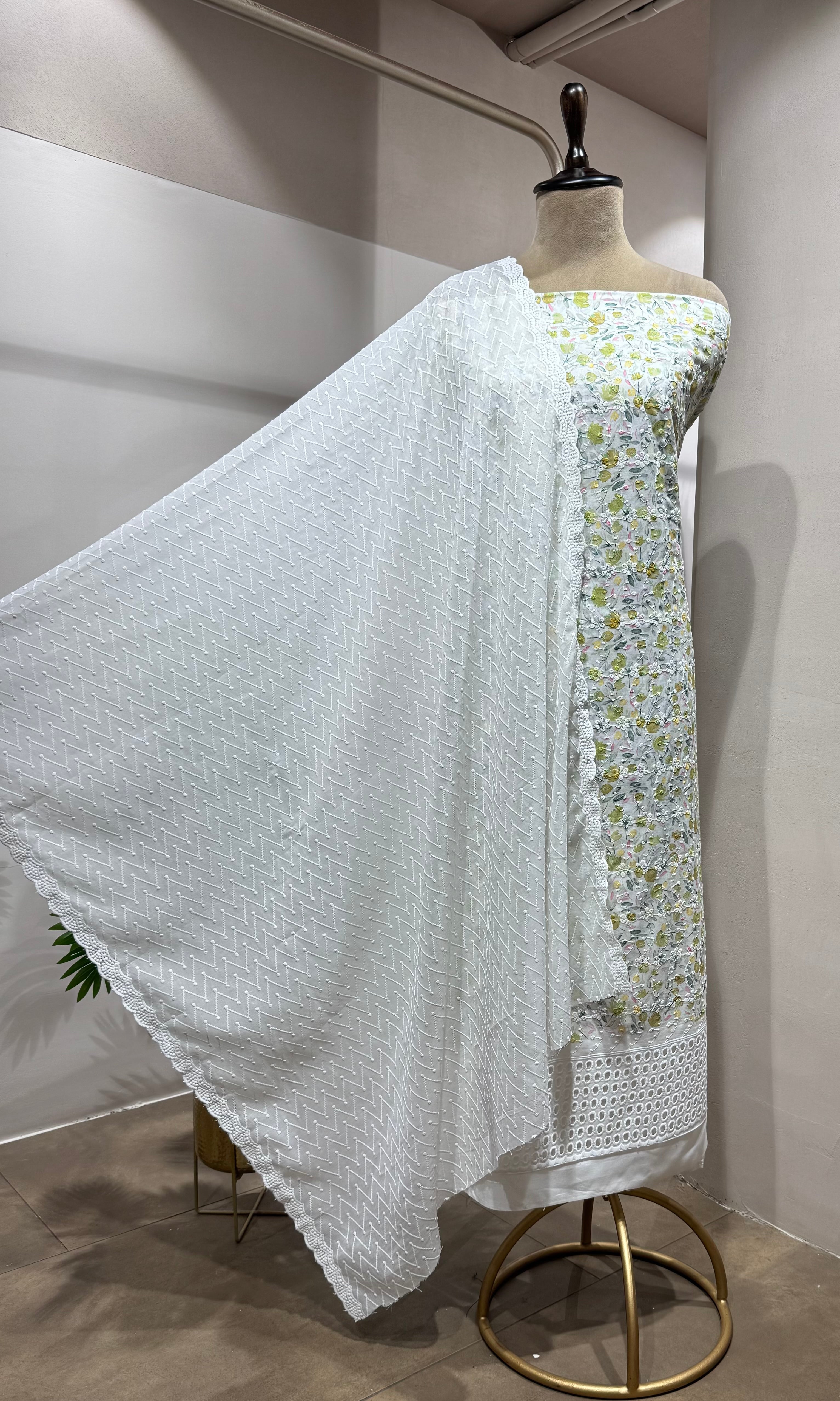 Green Floral Chikankari Dress Material