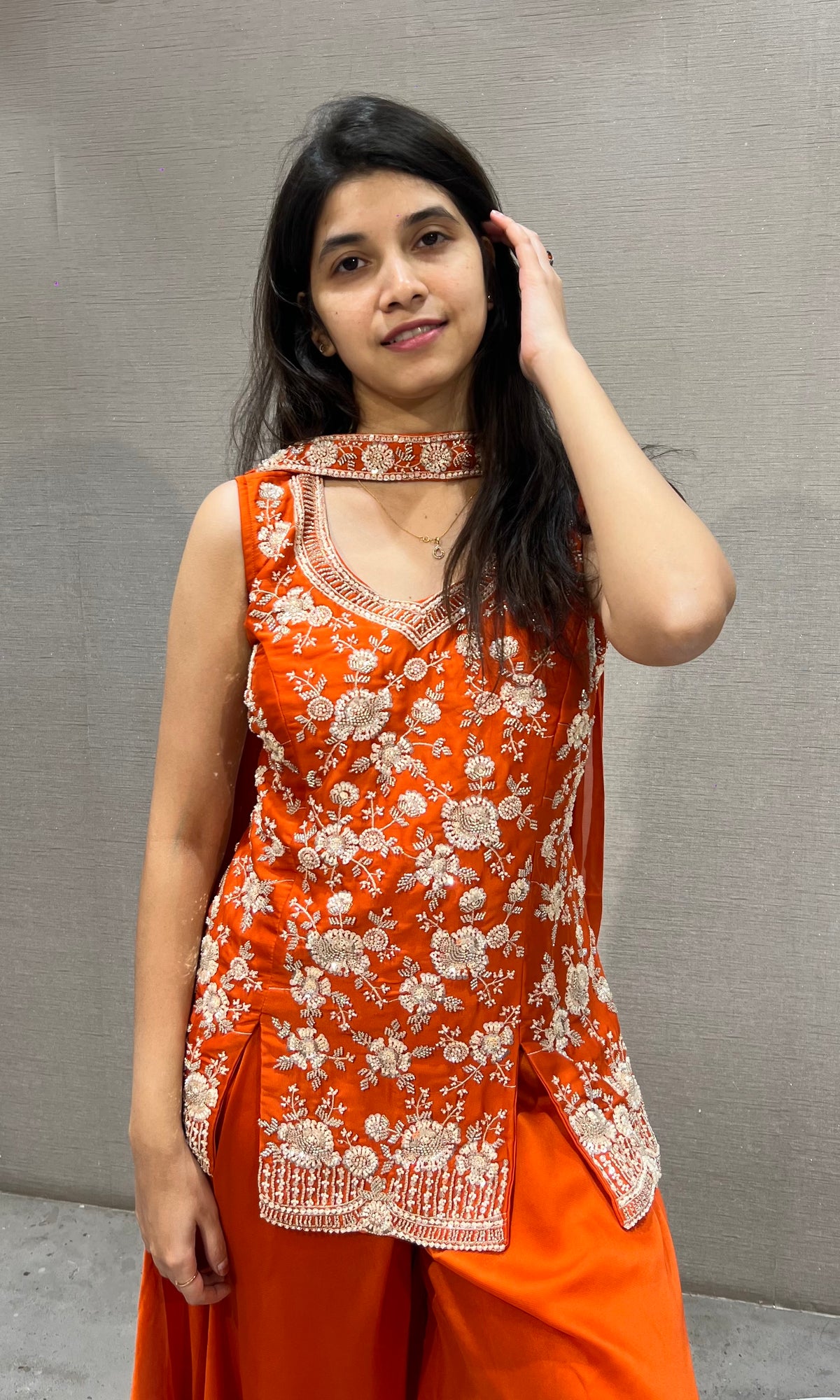 Orange Silk Floral Embroidered Palazzo Set