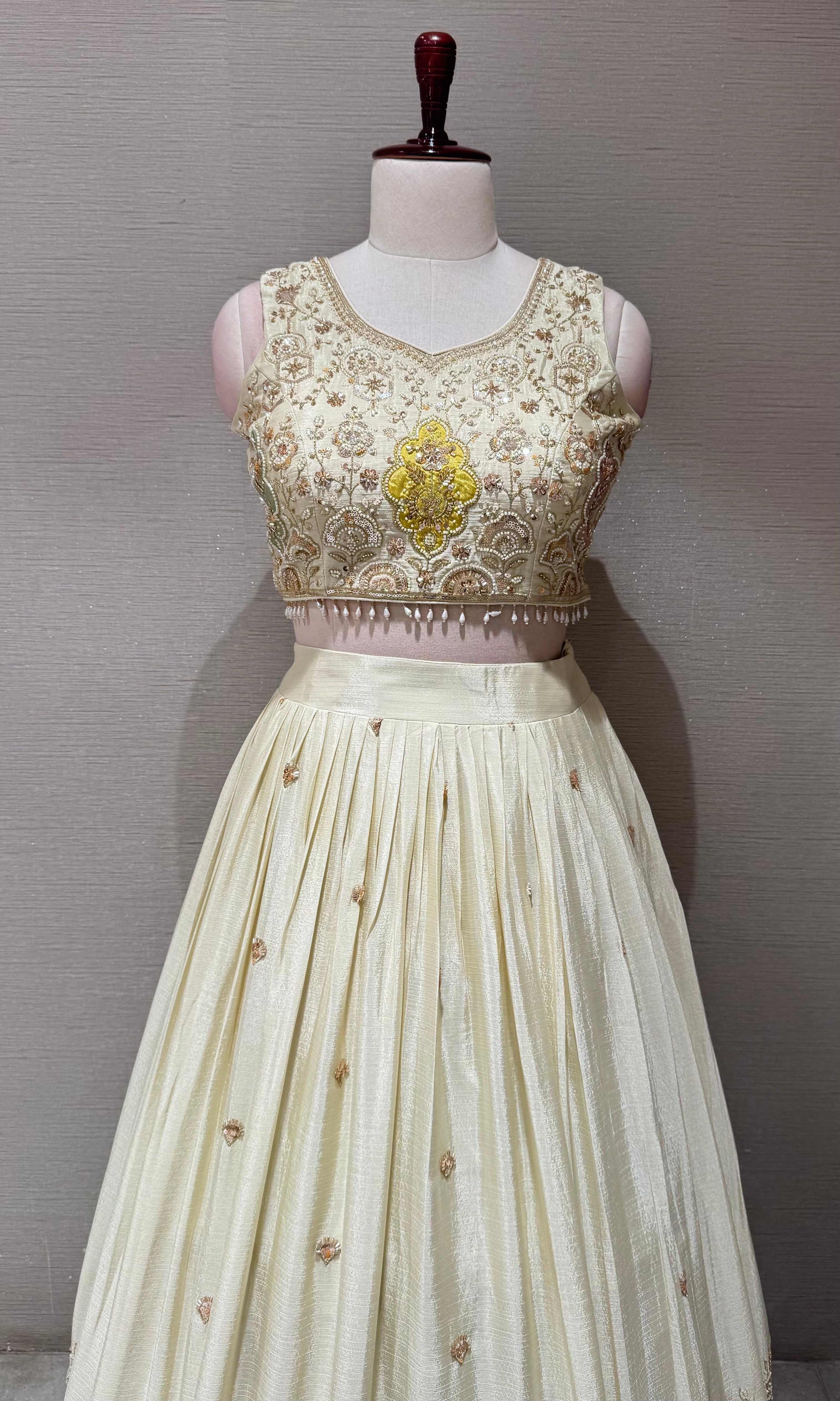 Cream Tissue silk Lehenga with Multi Floral border