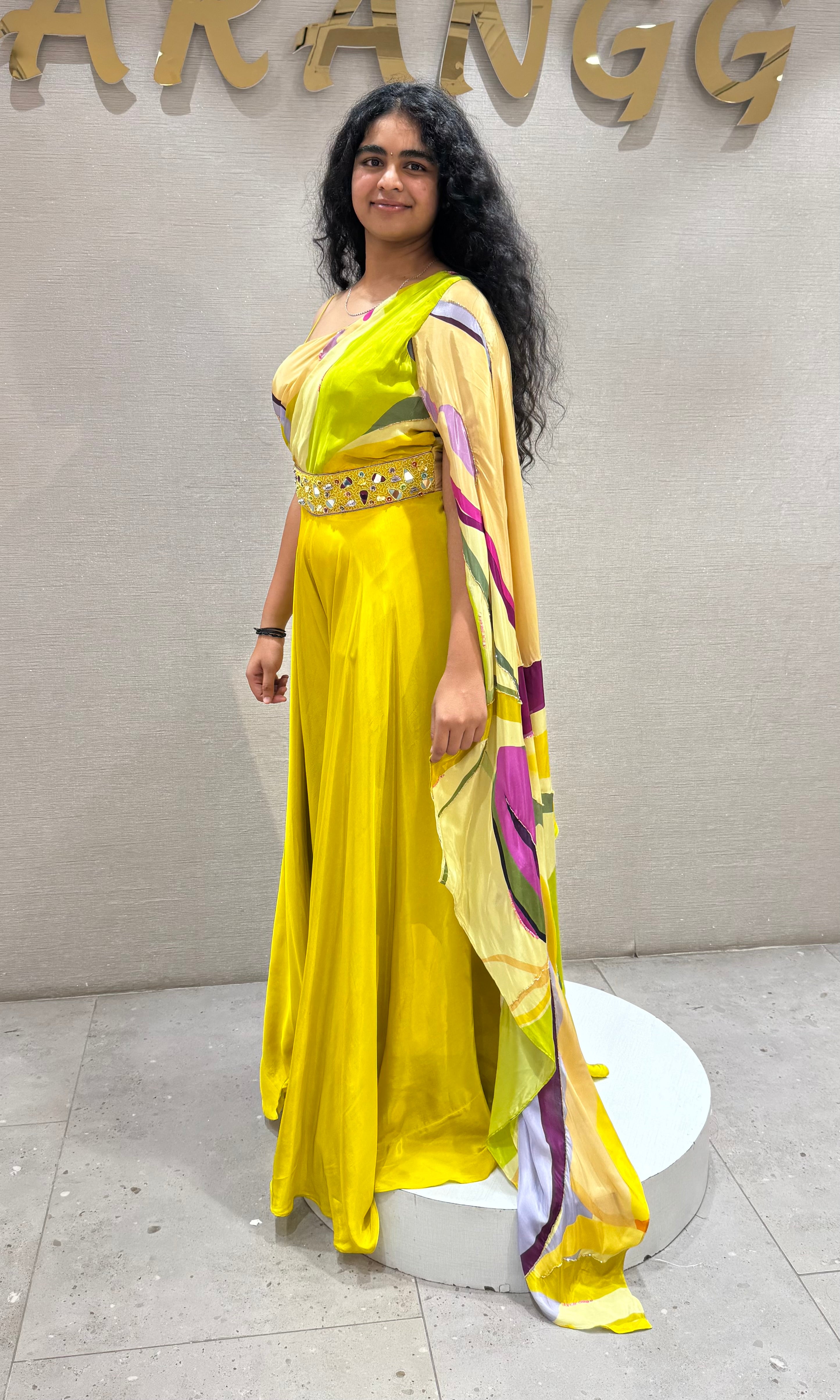 Lemon Green Draped Gown with Belt