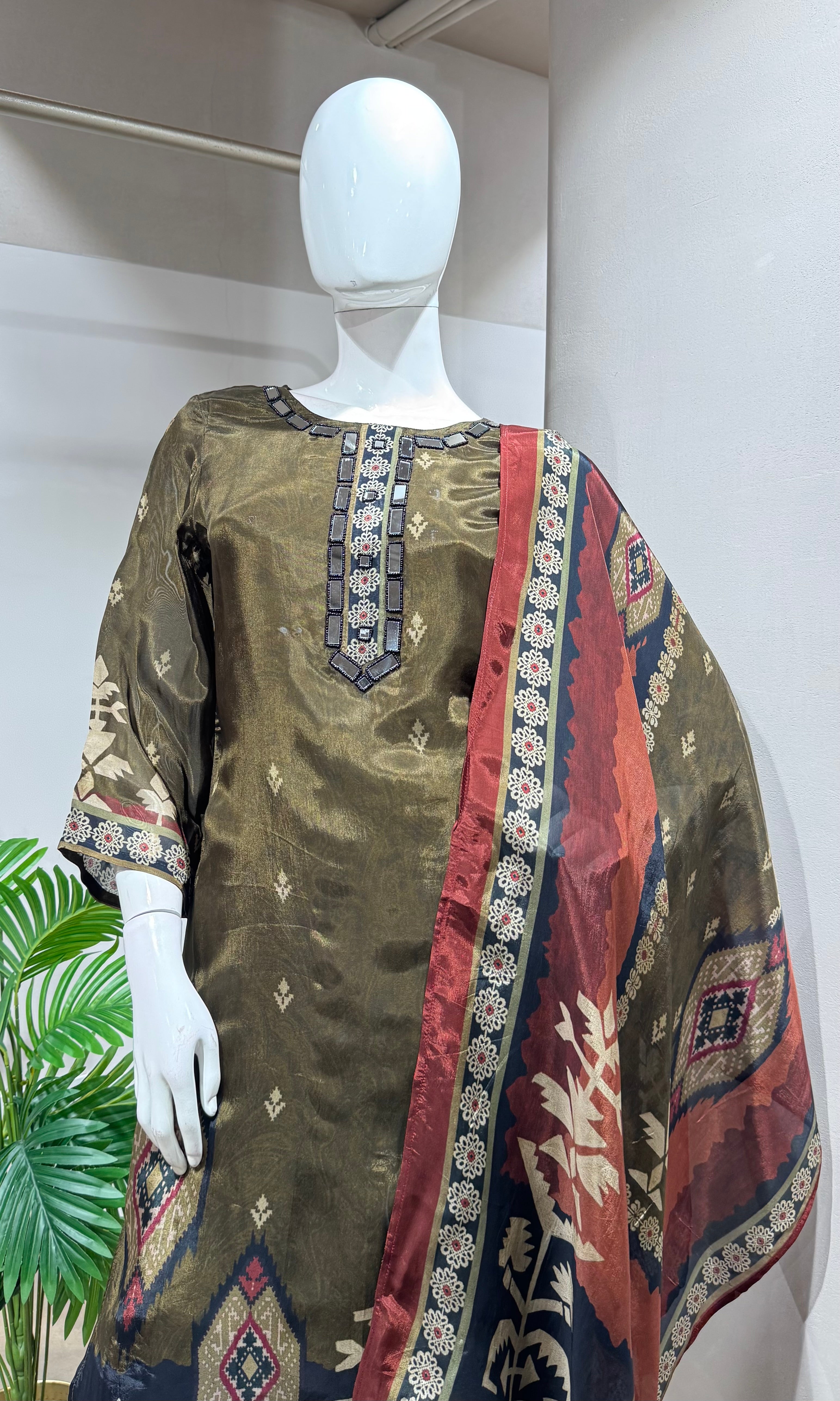 brown Embroidered Kurta Set