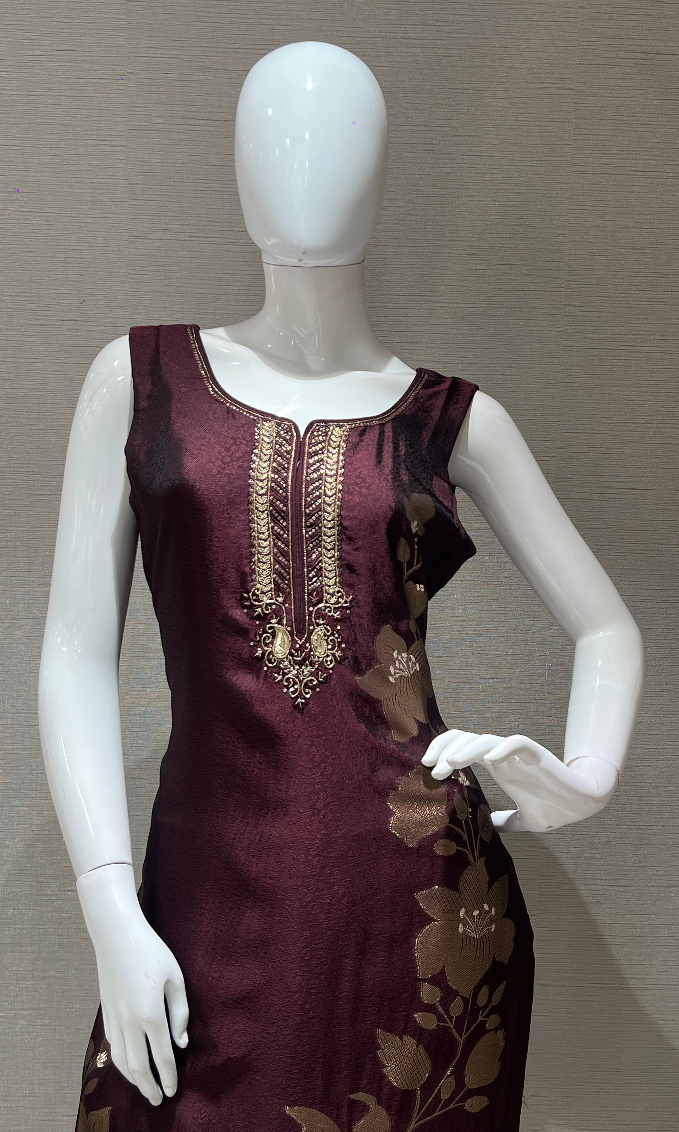 wine floral embroidered kurta set