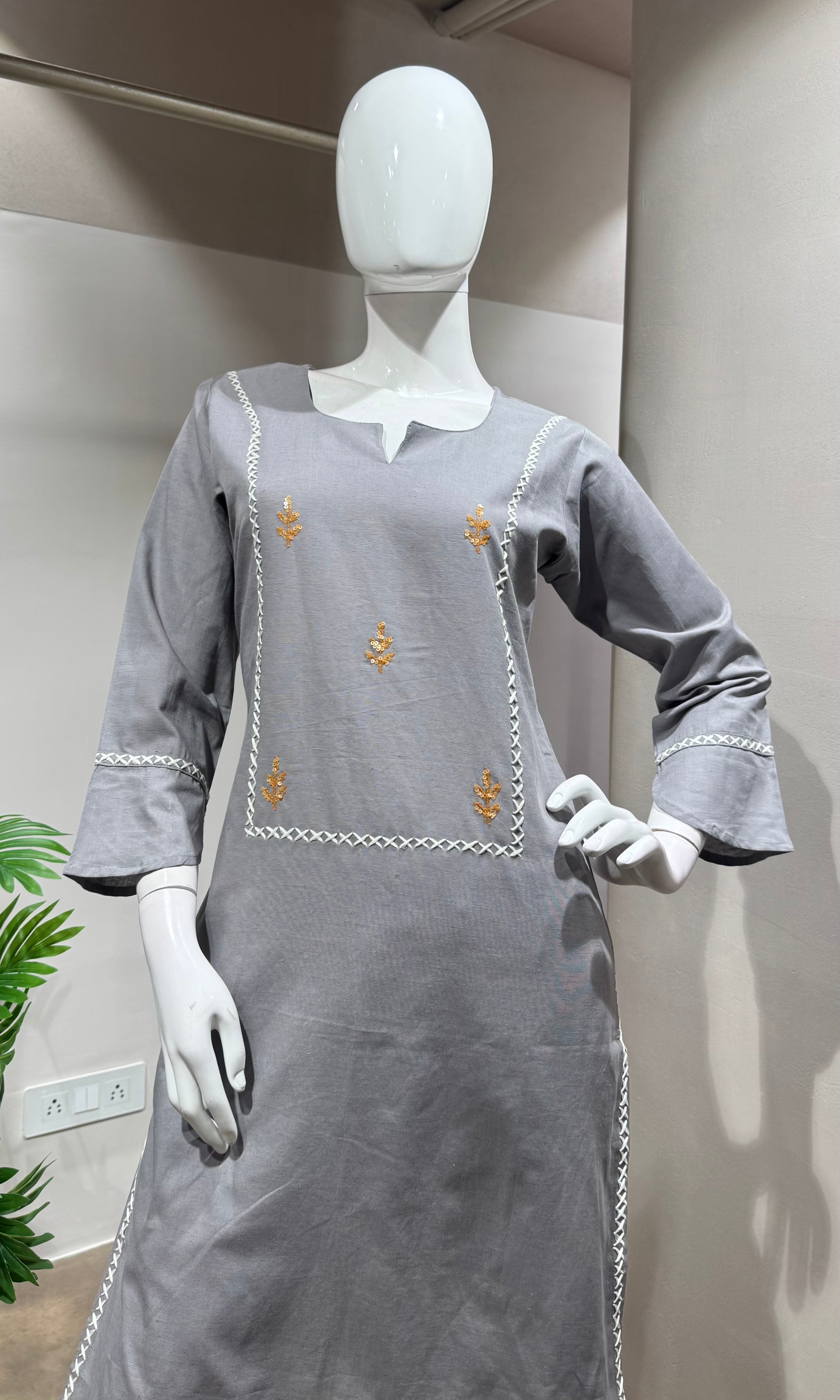grey embroidered KURTI WITH BOTTOM