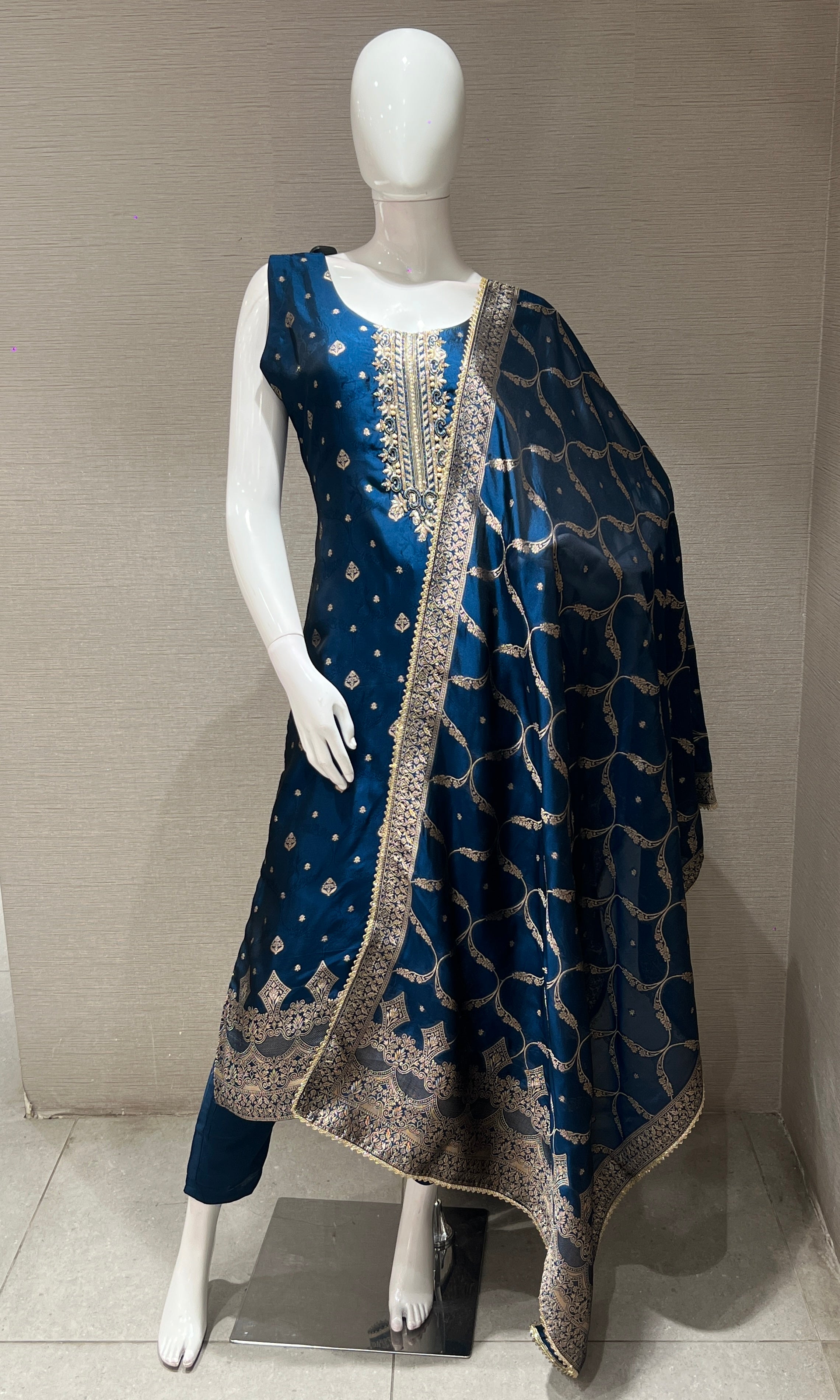 navy blue gold print embroidery kurta set