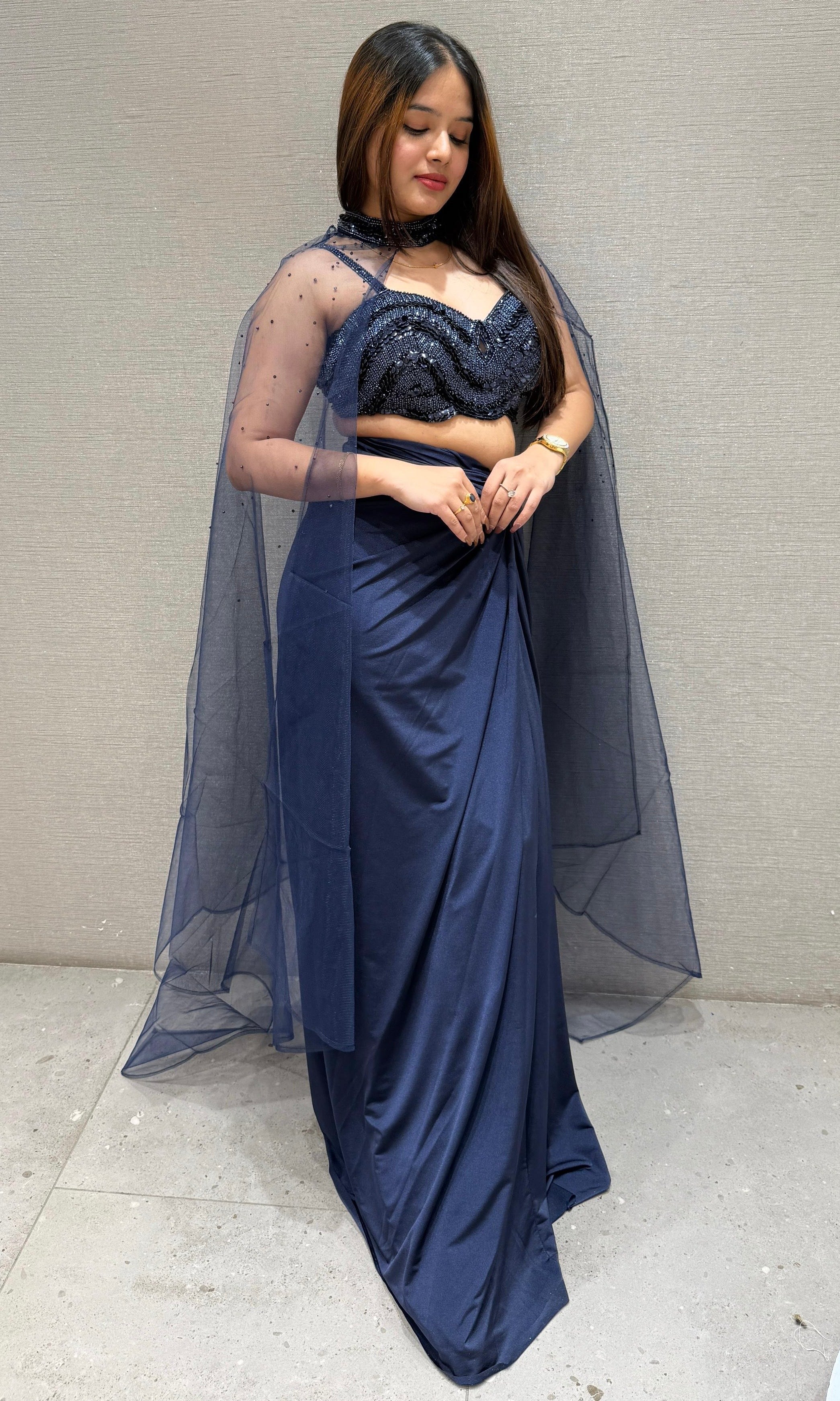 Navy blue 3 piece drape skirt dress