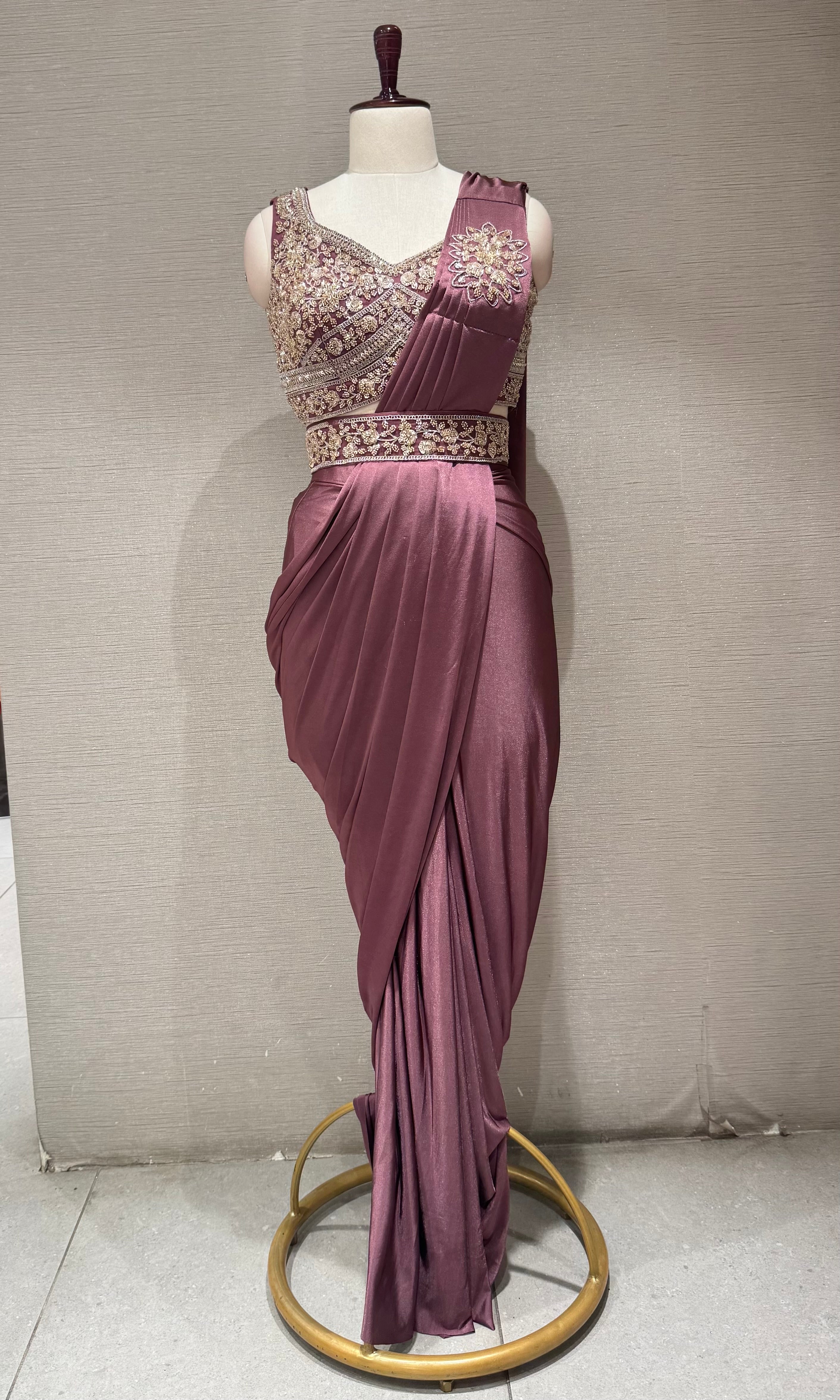 Wine Satin Drape Saree With embroidered blouse & belt