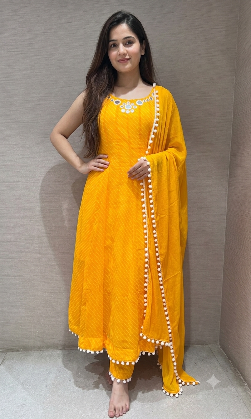 yellow bandhani print and intricate mirror anarkali set